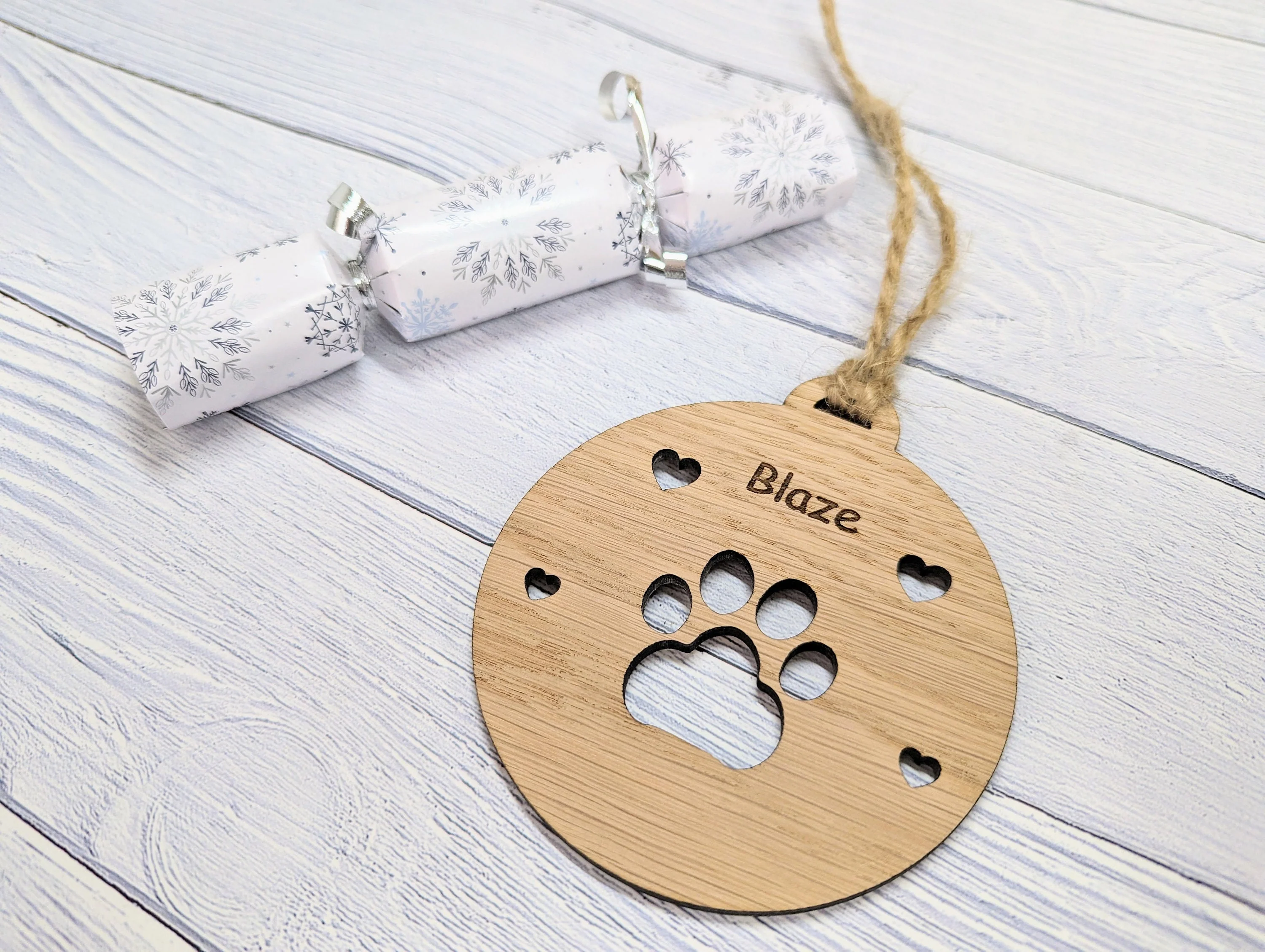 Personalised Paw Print Christmas Bauble in Oak Veneer MDF - Rustic Jute String - Stars or Hearts Cut-Out - Paw Print Gift - Image 7