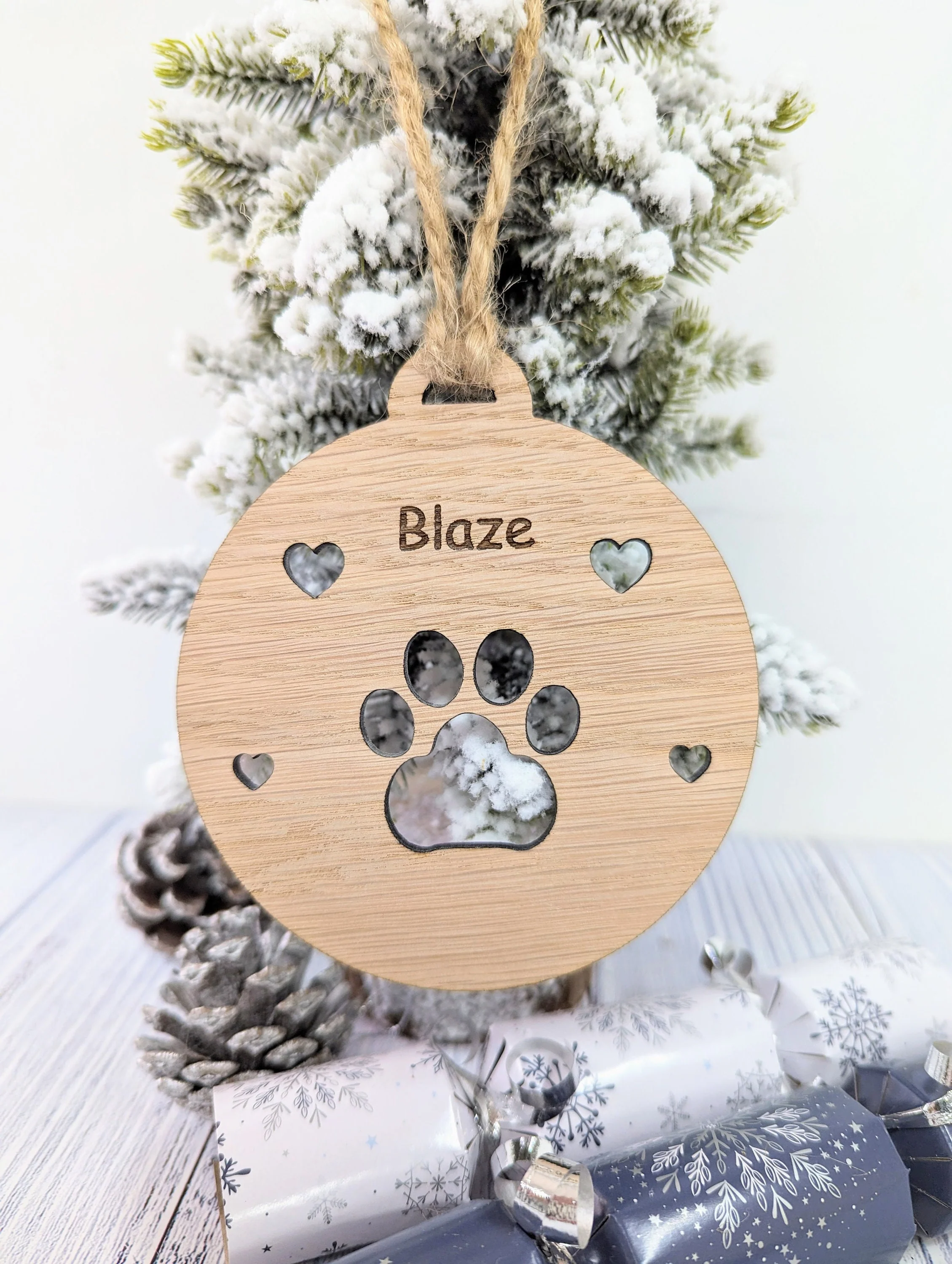 Personalised Paw Print Christmas Bauble in Oak Veneer MDF - Rustic Jute String - Stars or Hearts Cut-Out - Paw Print Gift - Image 8