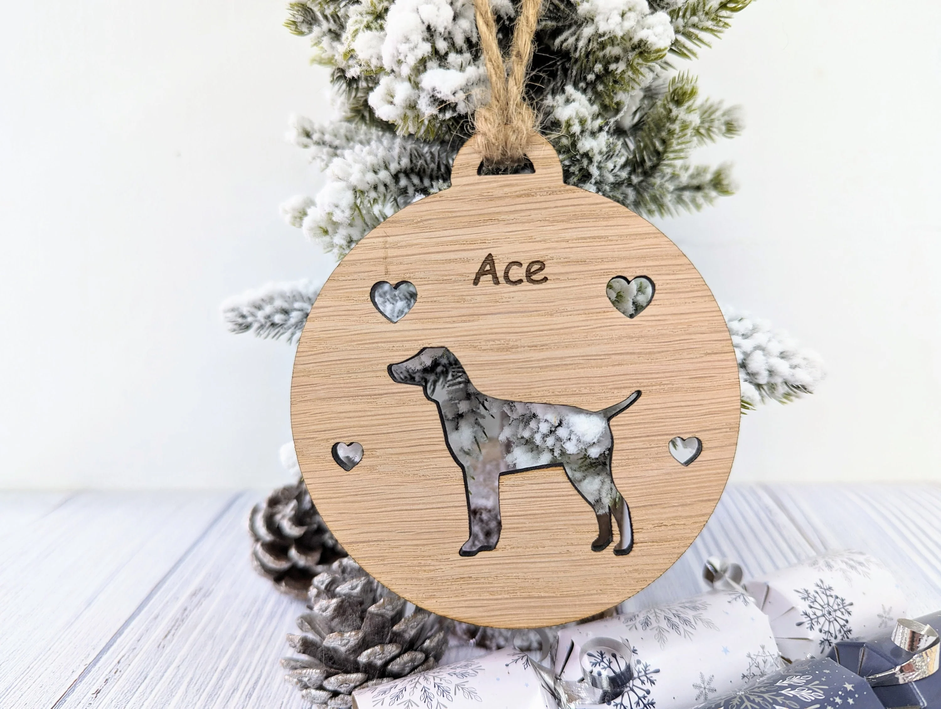 Personalised Pointer Christmas Bauble in Oak Veneer MDF - Rustic Jute String - Stars or Hearts Cut-Out - Pointer Gift - Image 2