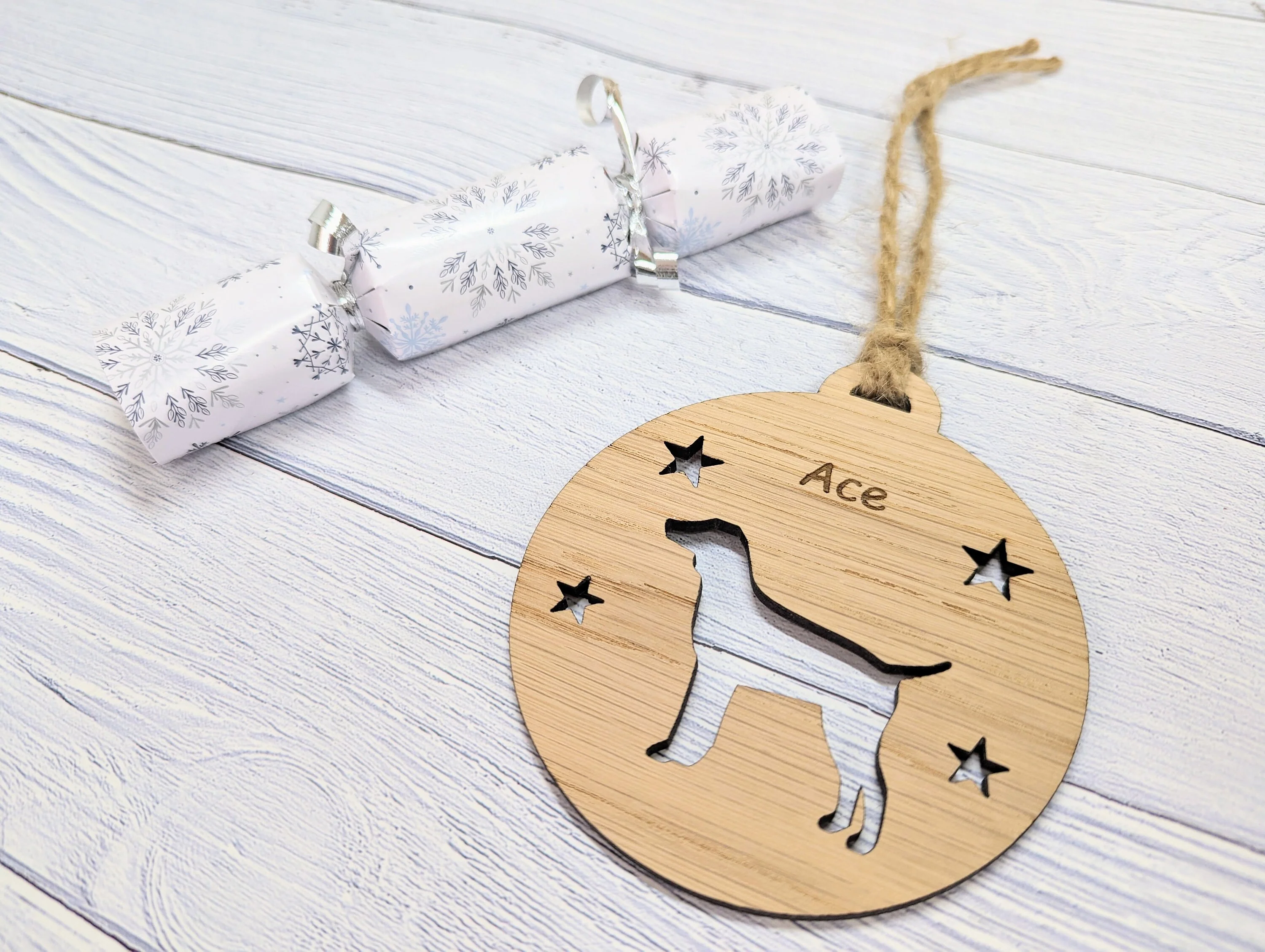 Personalised Pointer Christmas Bauble in Oak Veneer MDF - Rustic Jute String - Stars or Hearts Cut-Out - Pointer Gift - Image 3
