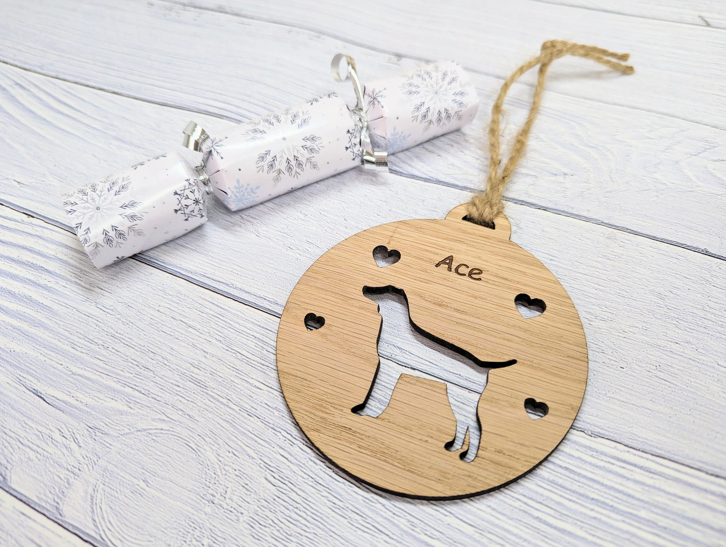 Personalised Pointer Christmas Bauble in Oak Veneer MDF - Rustic Jute String - Stars or Hearts Cut-Out - Pointer Gift - Image 4
