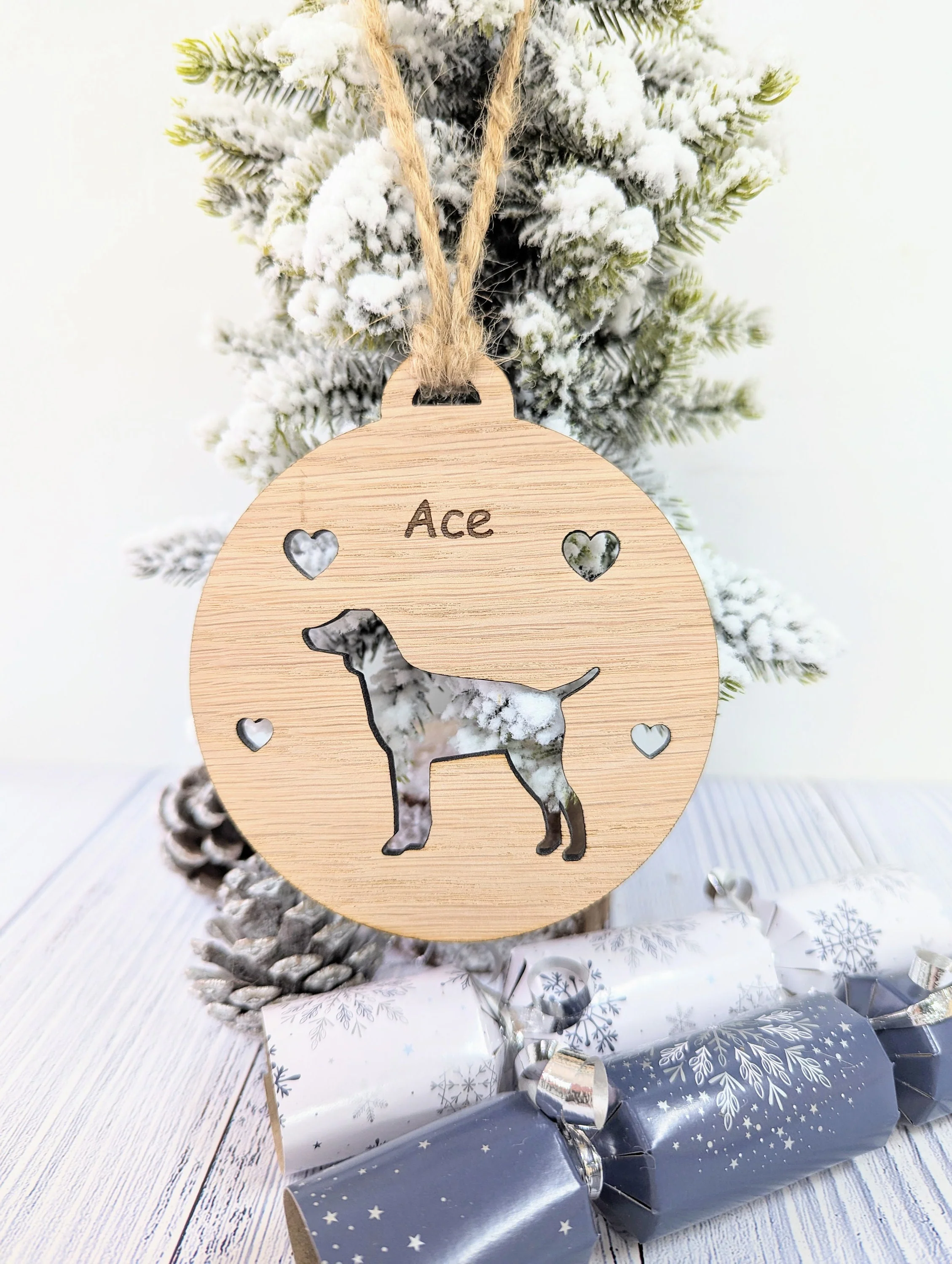 Personalised Pointer Christmas Bauble in Oak Veneer MDF - Rustic Jute String - Stars or Hearts Cut-Out - Pointer Gift - Image 5