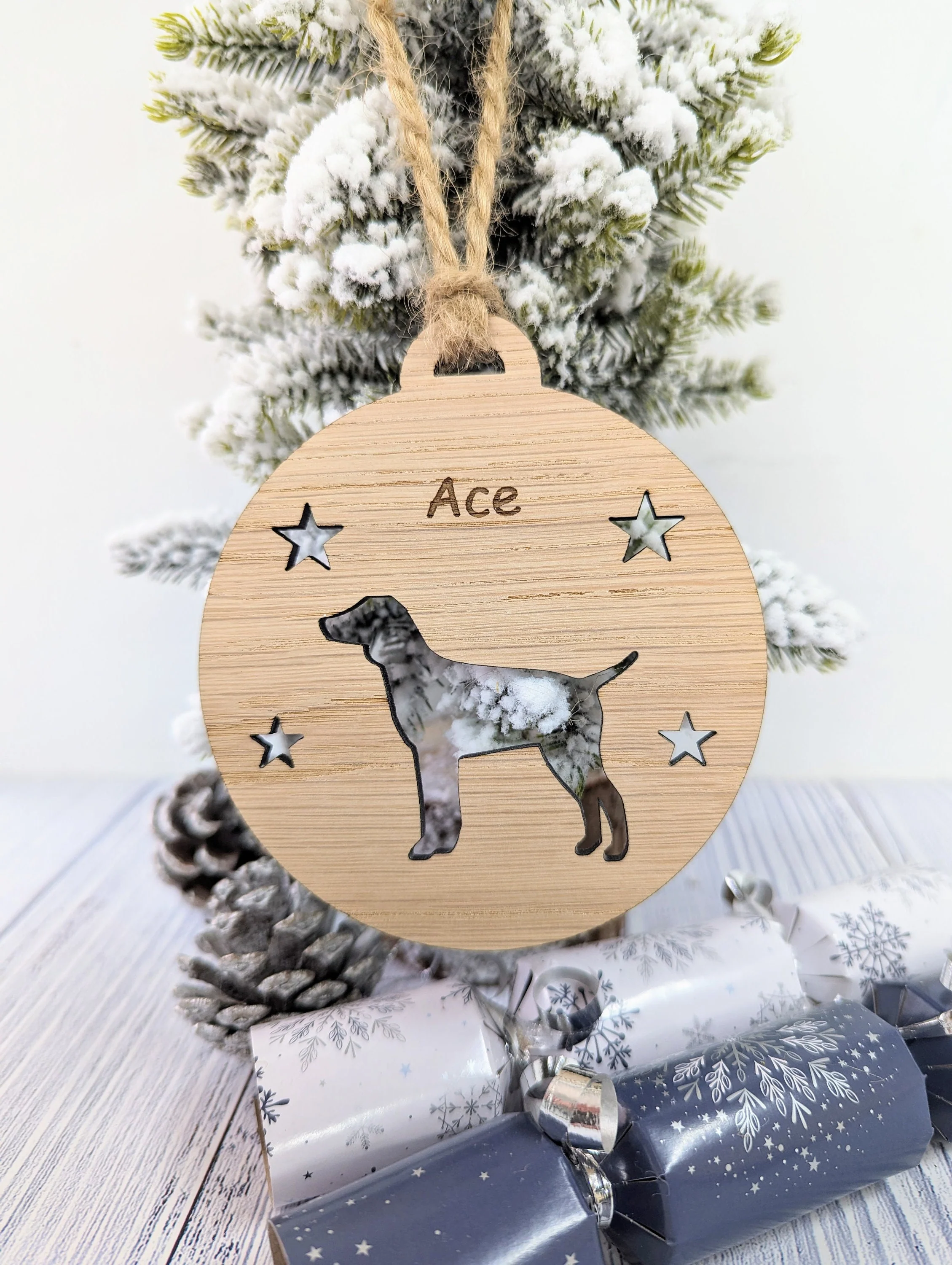 Personalised Pointer Christmas Bauble in Oak Veneer MDF - Rustic Jute String - Stars or Hearts Cut-Out - Pointer Gift - Image 7