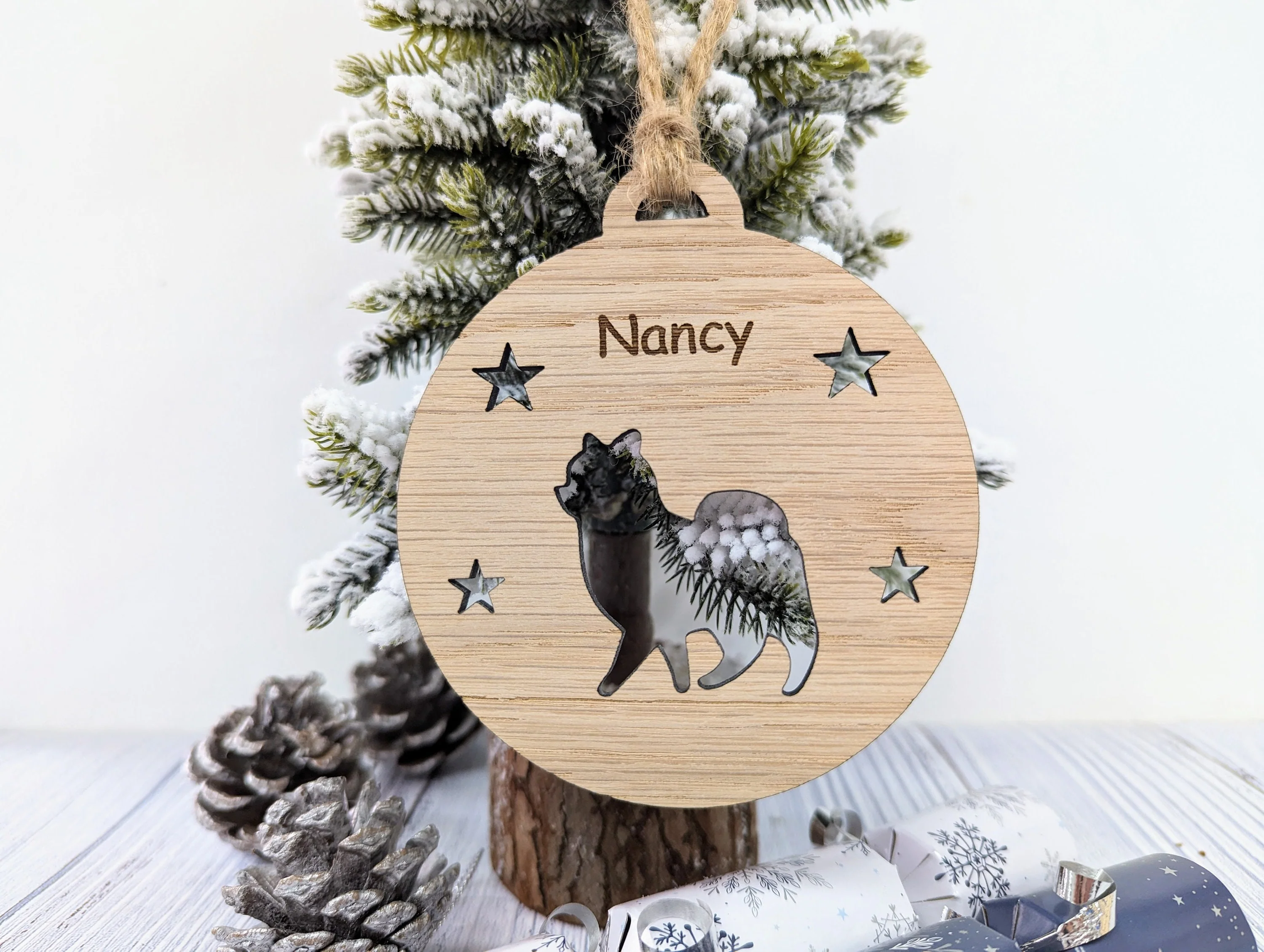 Personalised Pomeranian Christmas Bauble in Oak Veneer MDF - Rustic Jute String - Stars or Hearts Cut-Out - Pomeranian Gift - Image 2