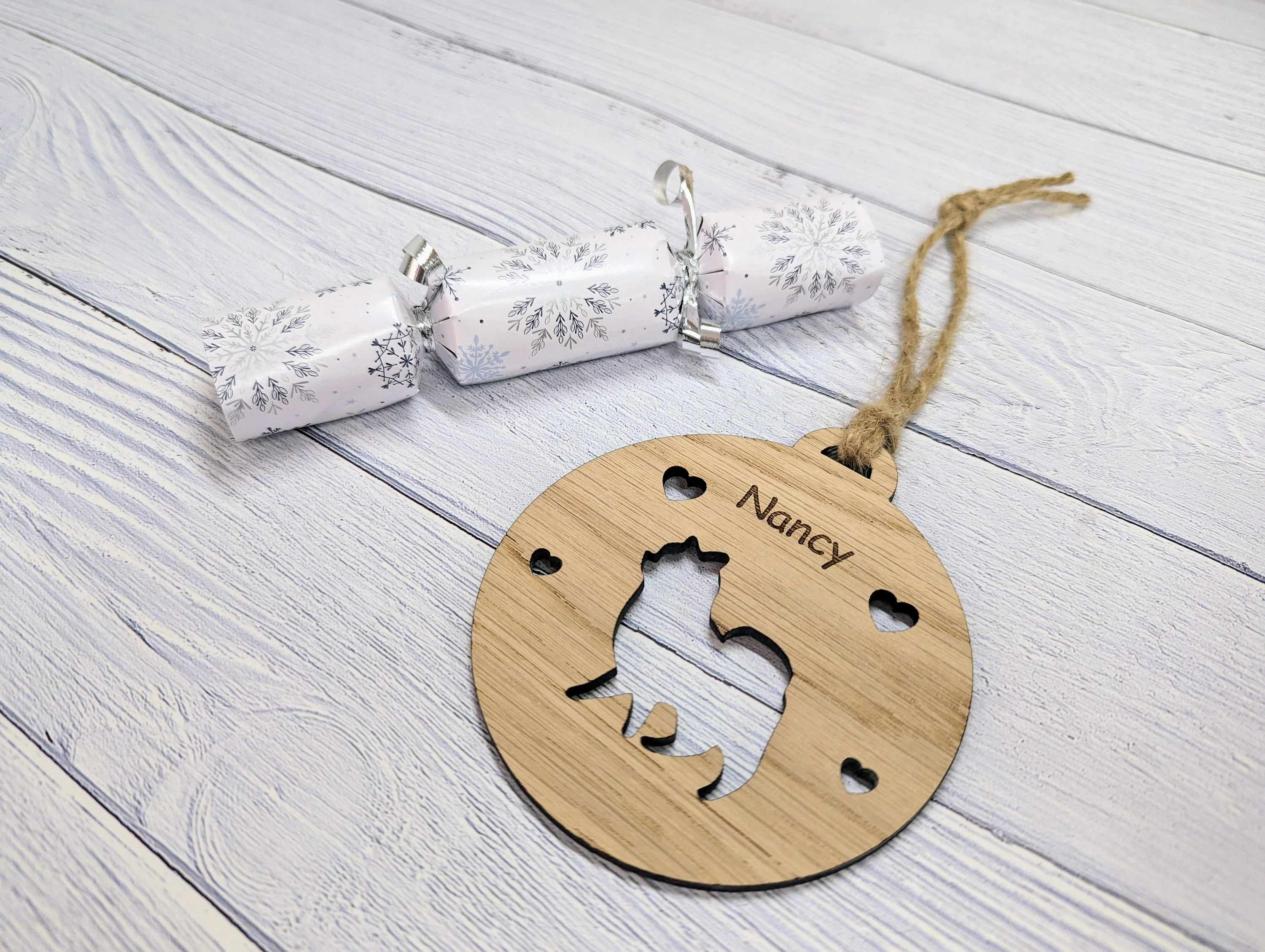 Personalised Pomeranian Christmas Bauble in Oak Veneer MDF - Rustic Jute String - Stars or Hearts Cut-Out - Pomeranian Gift - Image 3
