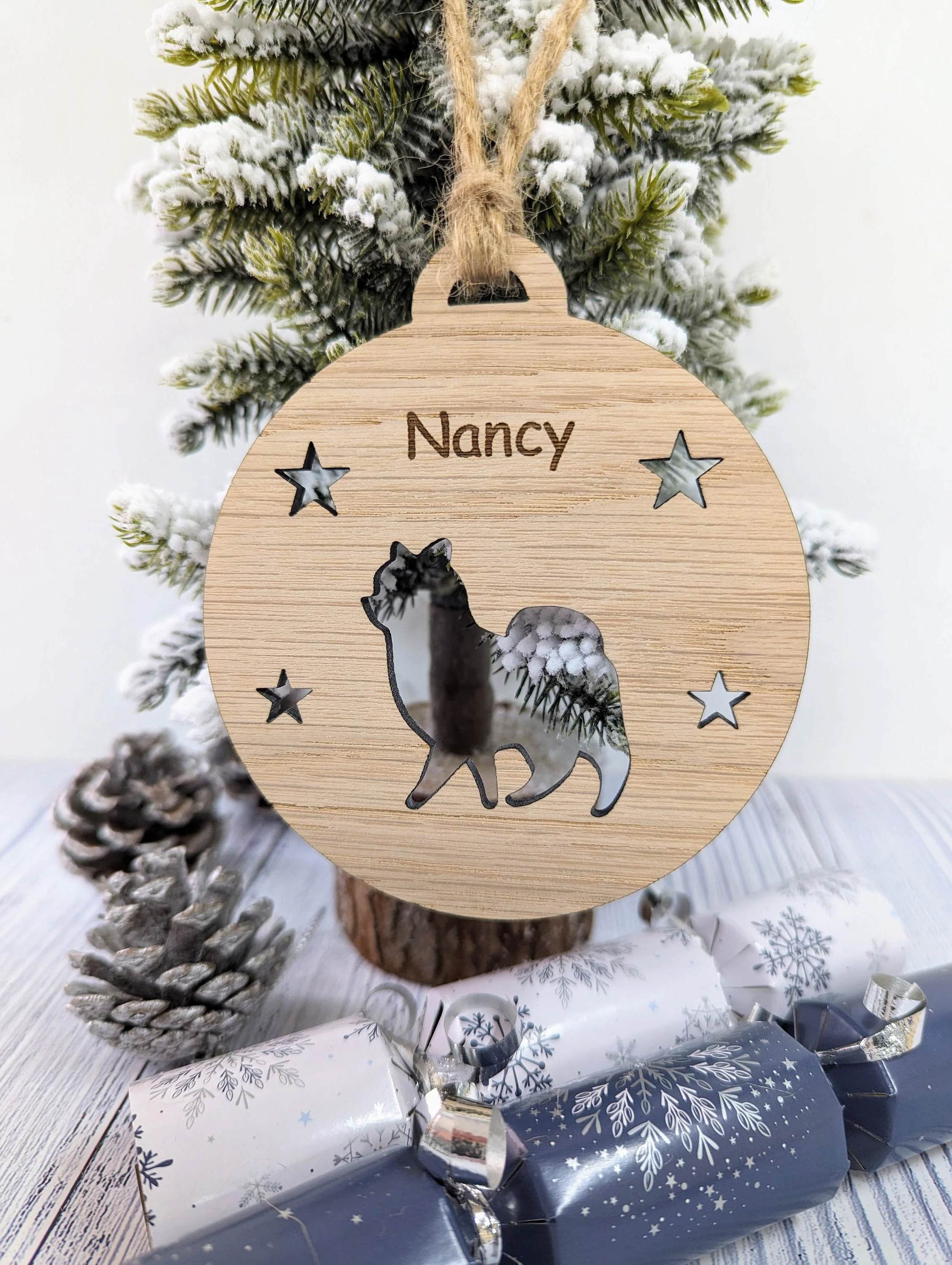 Personalised Pomeranian Christmas Bauble in Oak Veneer MDF - Rustic Jute String - Stars or Hearts Cut-Out - Pomeranian Gift - Image 5