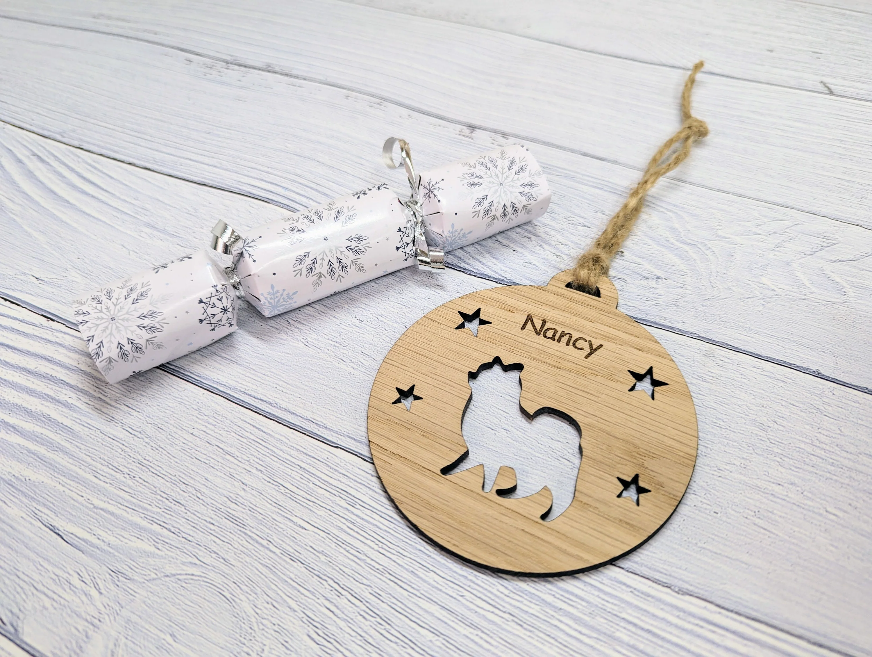 Personalised Pomeranian Christmas Bauble in Oak Veneer MDF - Rustic Jute String - Stars or Hearts Cut-Out - Pomeranian Gift - Image 7