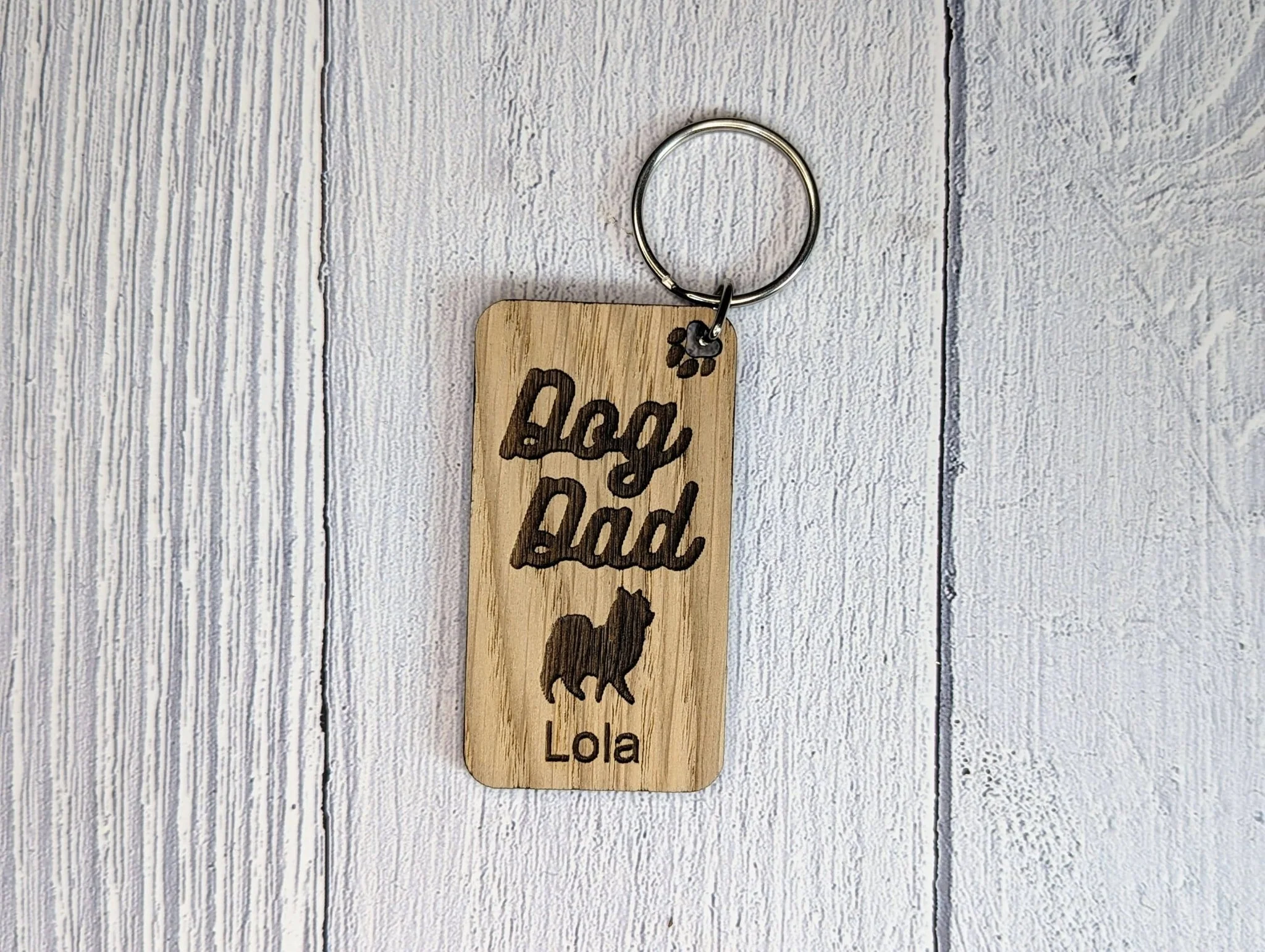 Personalised Pomeranian Dog Dad Wooden Keyring | Oak Dog Keychain | Gift For Pomeranian Parent | Doggy Key Tag Gift