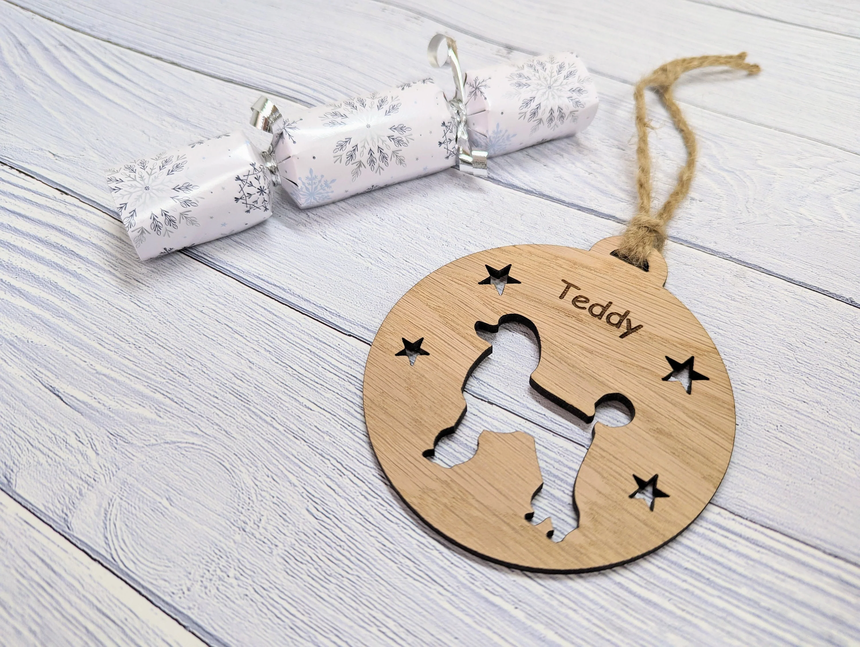 Personalised Poodle Christmas Bauble in Oak Veneer MDF - Rustic Jute String - Stars or Hearts Cut-Out - Poodle Gift - Image 3