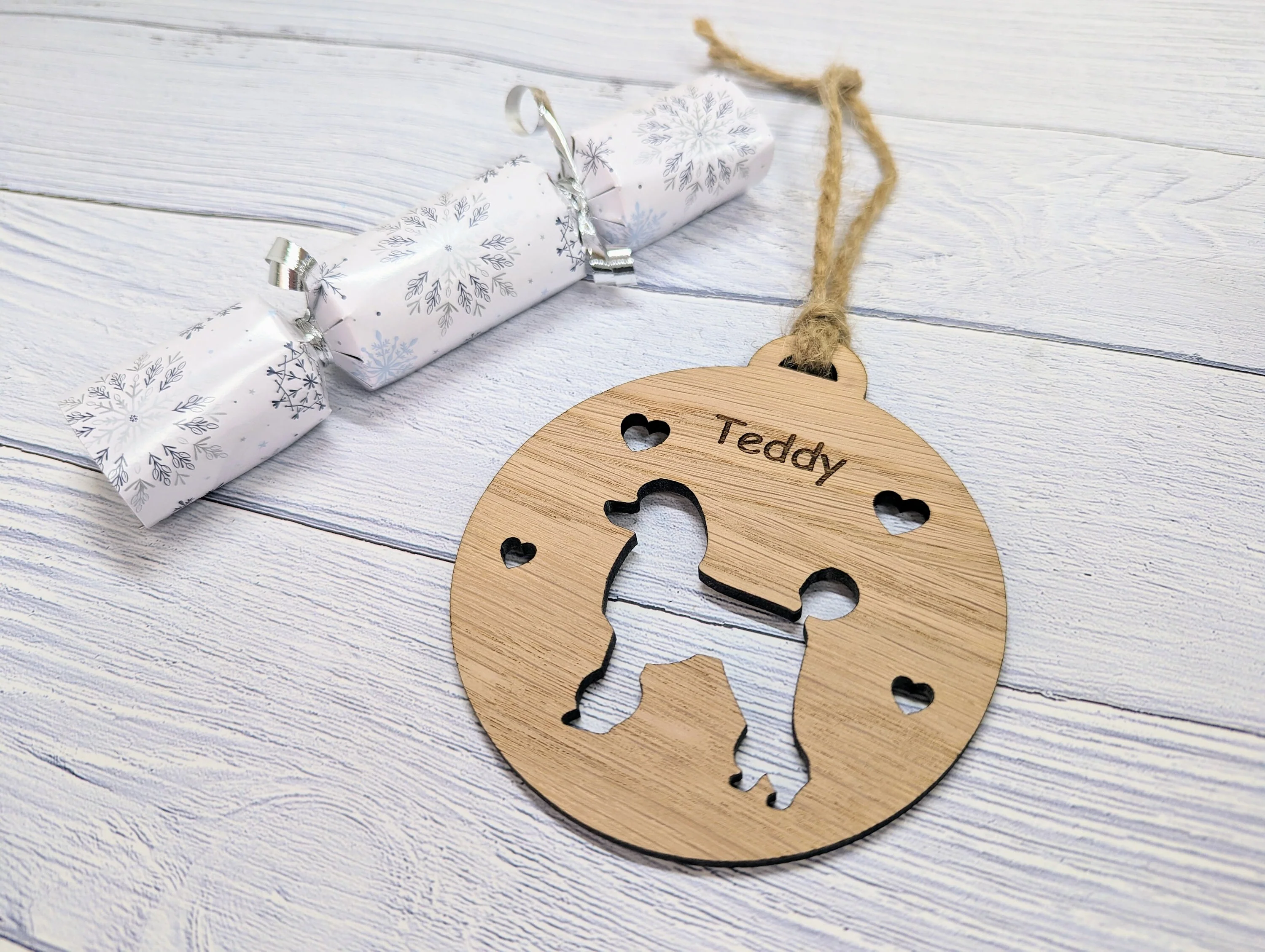 Personalised Poodle Christmas Bauble in Oak Veneer MDF - Rustic Jute String - Stars or Hearts Cut-Out - Poodle Gift - Image 4