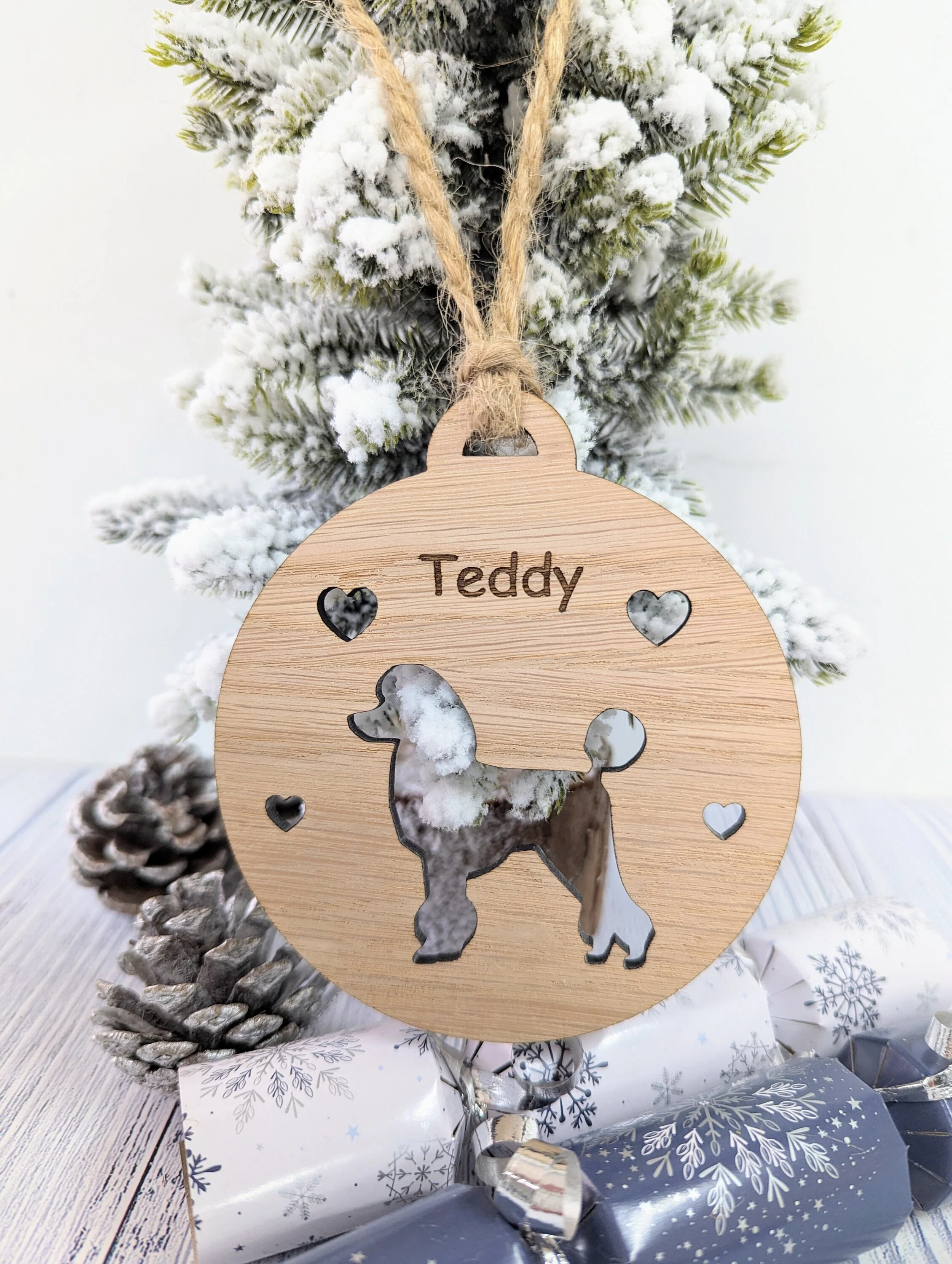 Personalised Poodle Christmas Bauble in Oak Veneer MDF - Rustic Jute String - Stars or Hearts Cut-Out - Poodle Gift - Image 8