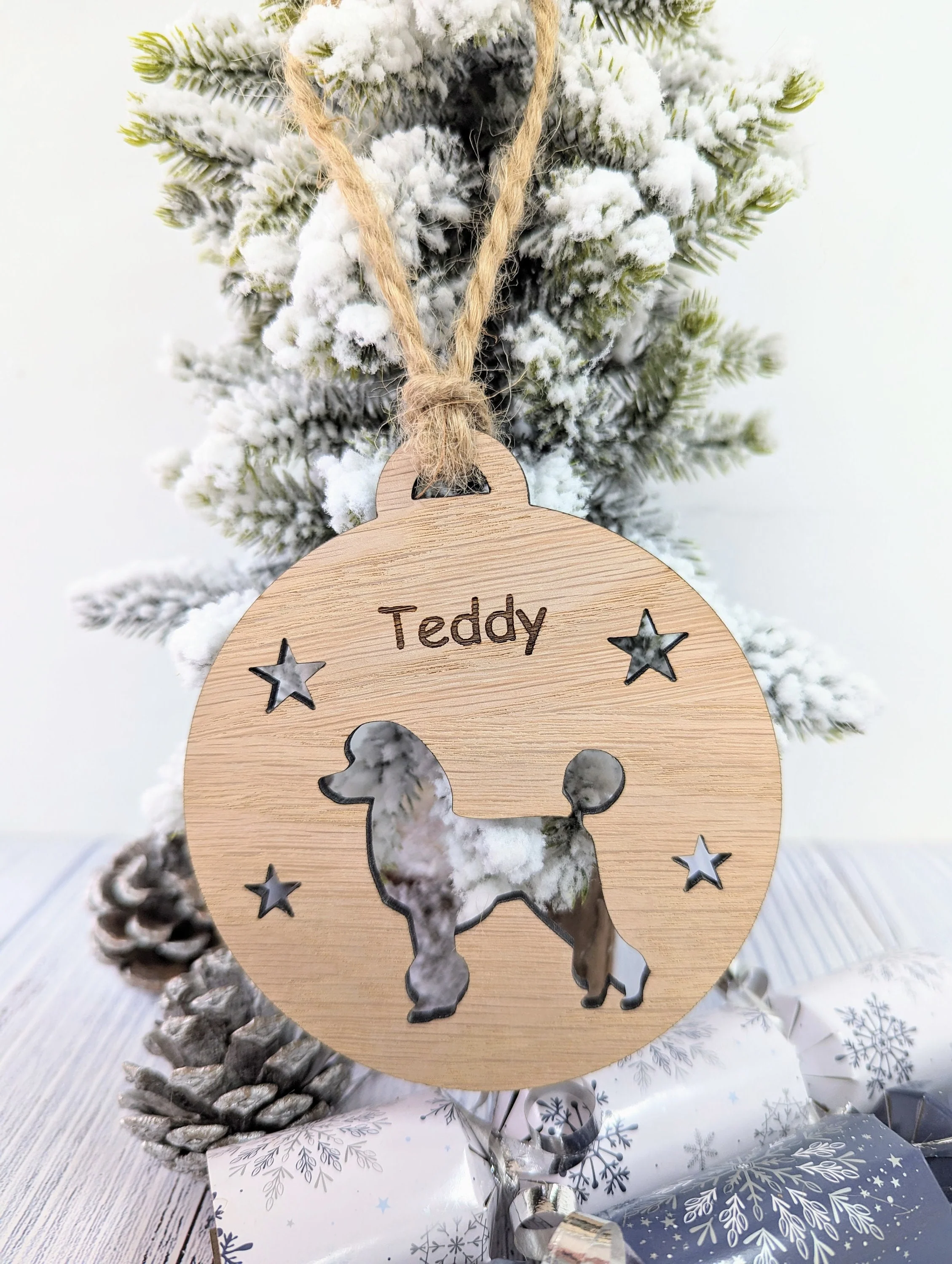 Personalised Poodle Christmas Bauble in Oak Veneer MDF - Rustic Jute String - Stars or Hearts Cut-Out - Poodle Gift - Image 9
