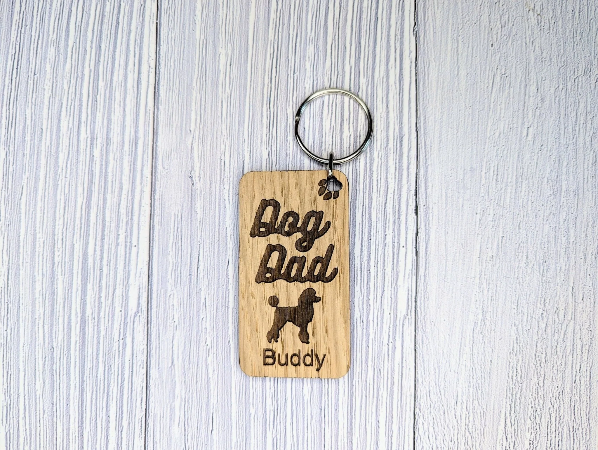 Personalised Poodle Dog Dad Wooden Keyring | Oak Dog Keychain | Gift For Poodle Parent | Doggy Key Tag Gift