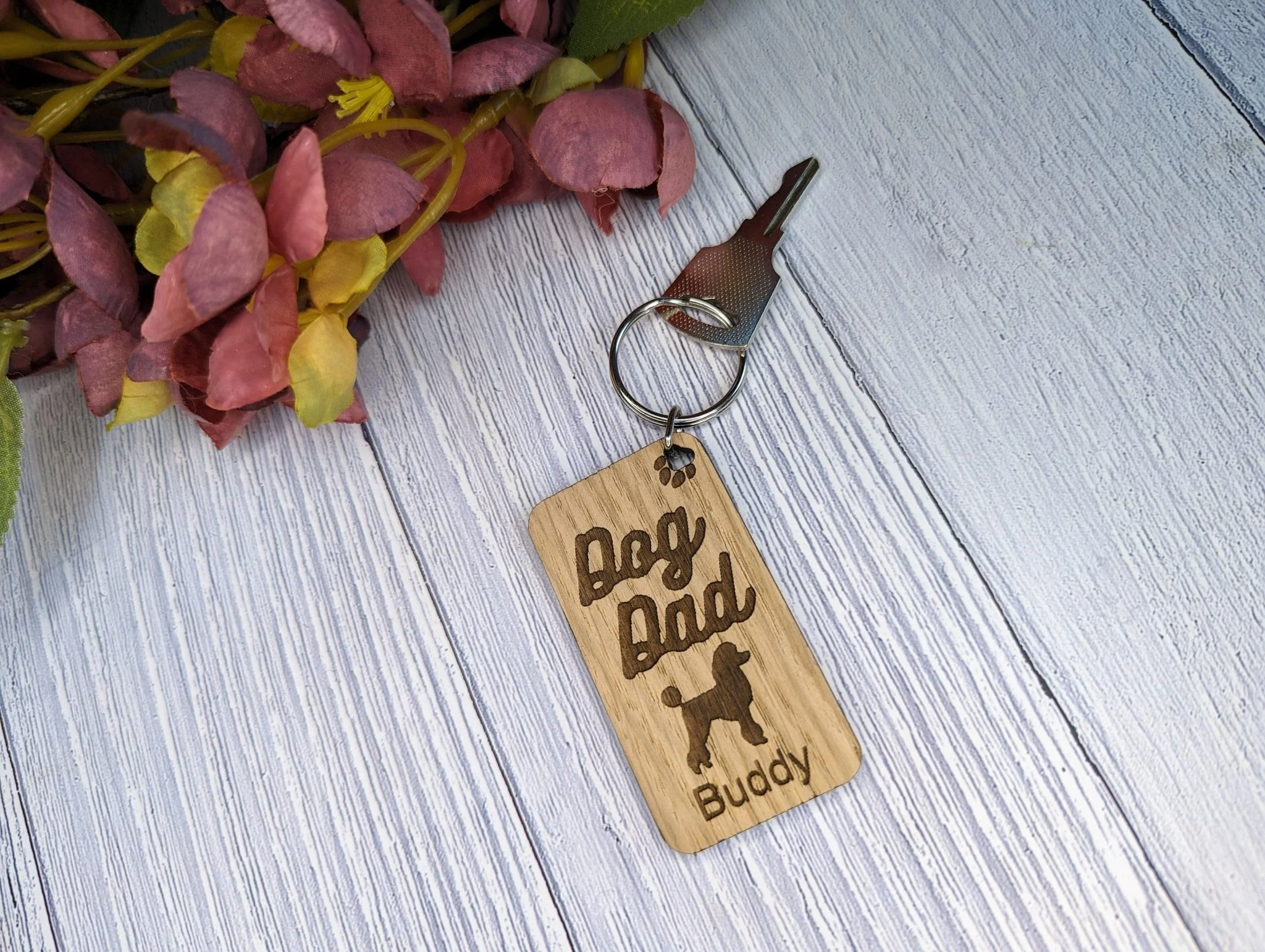 Personalised Poodle Dog Dad Wooden Keyring | Oak Dog Keychain | Gift For Poodle Parent | Doggy Key Tag Gift - Image 2