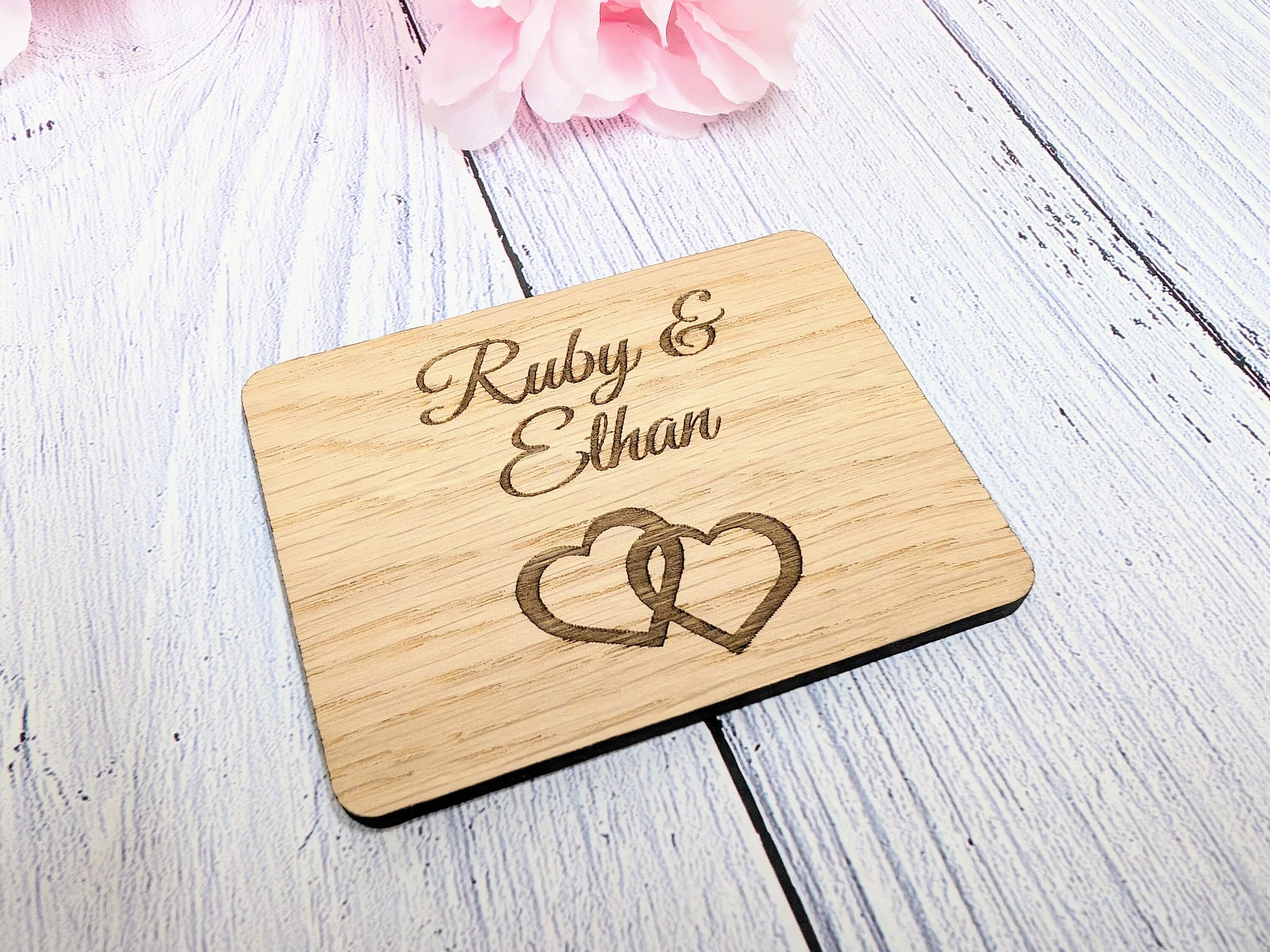 Personalised Romantic Wooden Fridge Magnet with Interlocking Hearts - Engraved Couple's Names - Image 3