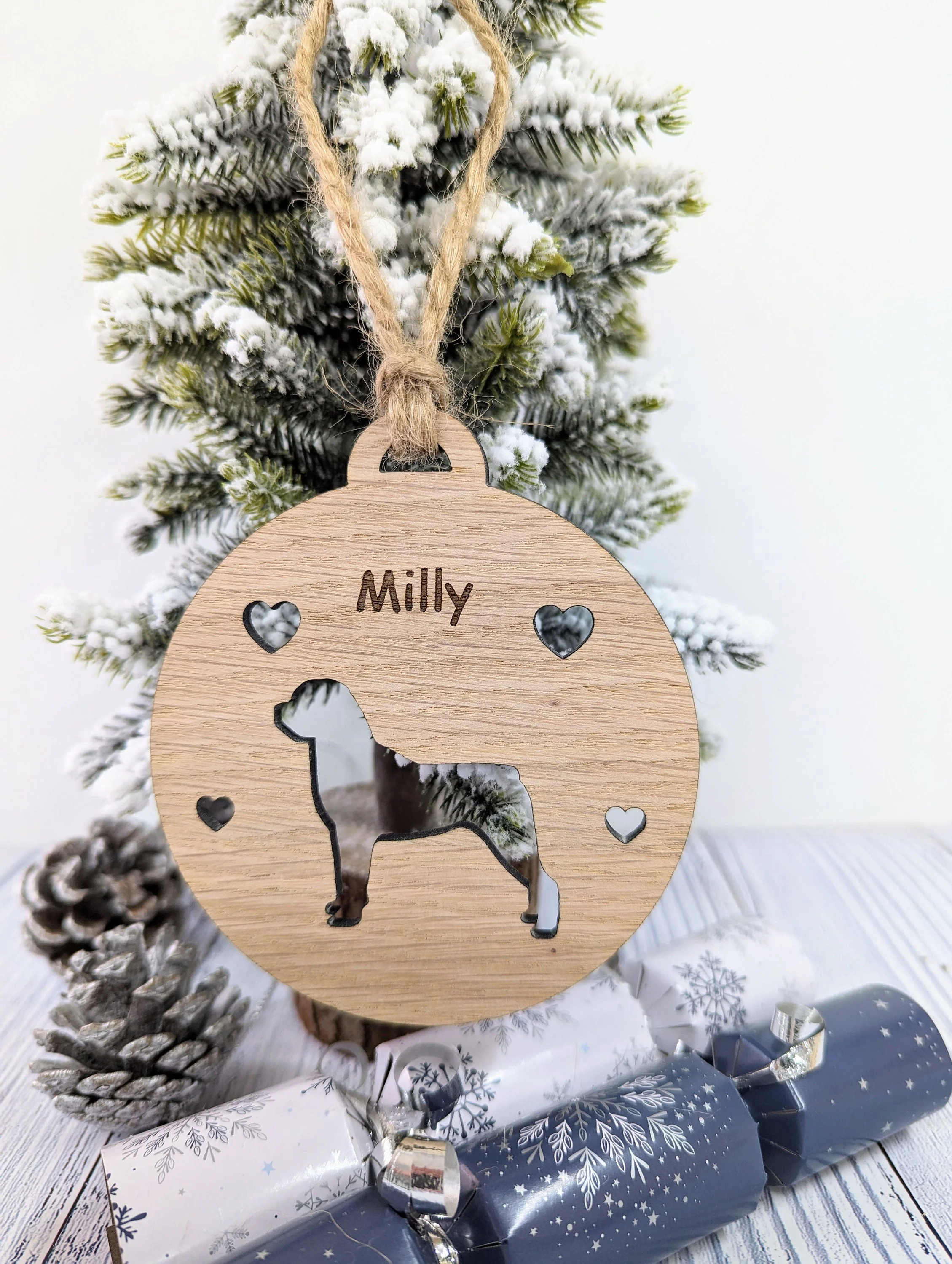 Personalised Rottweiler Christmas Bauble in Oak Veneer MDF - Rustic Jute String - Stars or Hearts Cut-Out - Rottweiler Gift - Image 3
