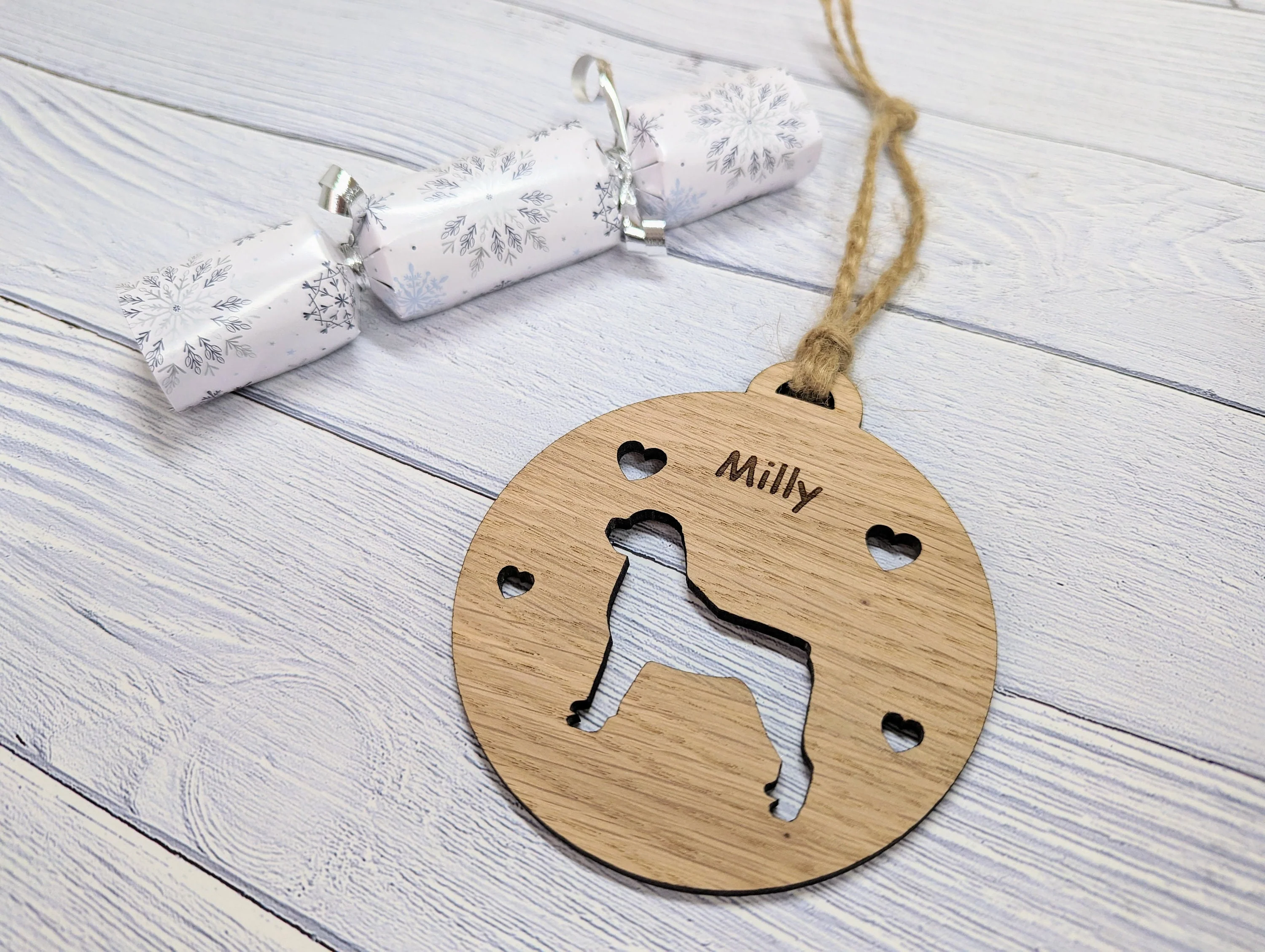 Personalised Rottweiler Christmas Bauble in Oak Veneer MDF - Rustic Jute String - Stars or Hearts Cut-Out - Rottweiler Gift - Image 4
