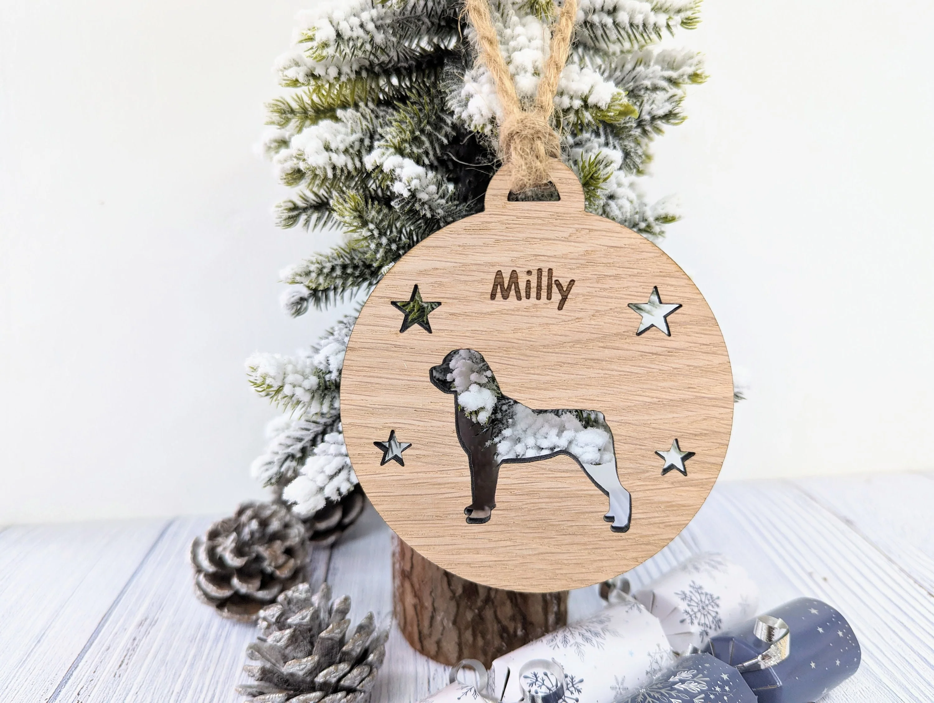 Personalised Rottweiler Christmas Bauble in Oak Veneer MDF - Rustic Jute String - Stars or Hearts Cut-Out - Rottweiler Gift - Image 8