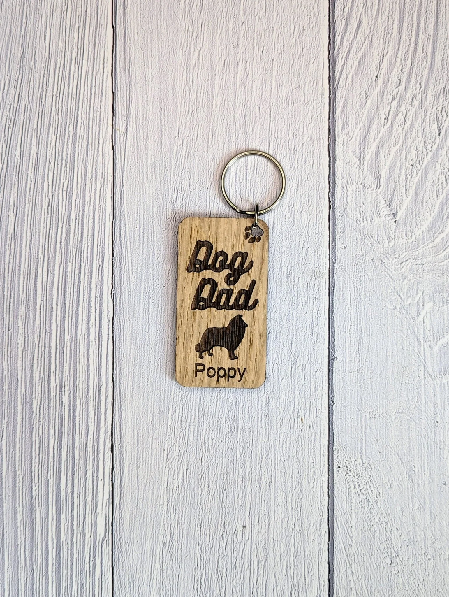 Personalised Rough Collie Dog Dad Wooden Keyring | Oak Dog Keychain | Gift For Rough Collie Parent | Doggy Key Tag Gift