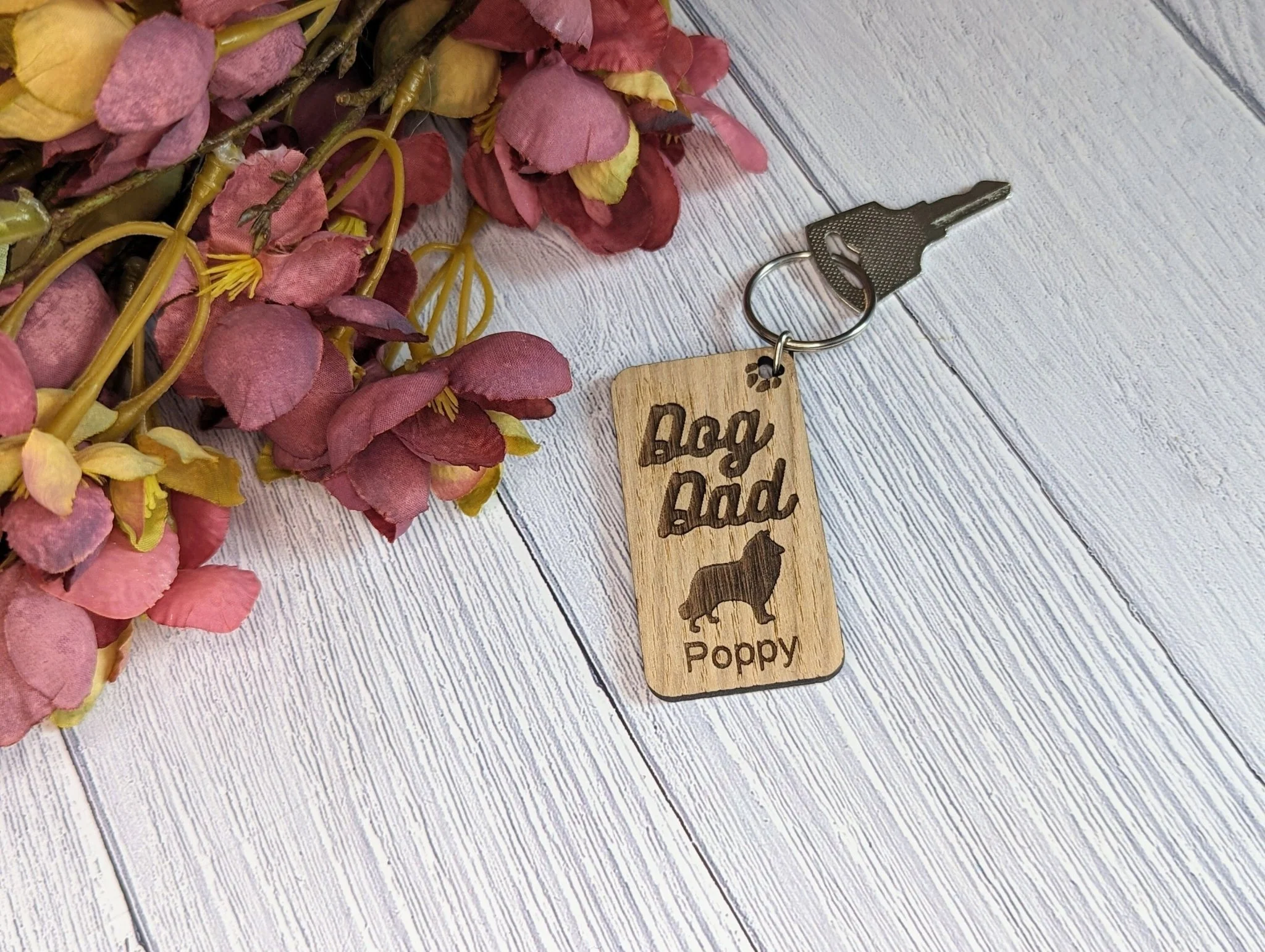Personalised Rough Collie Dog Dad Wooden Keyring | Oak Dog Keychain | Gift For Rough Collie Parent | Doggy Key Tag Gift - Image 2