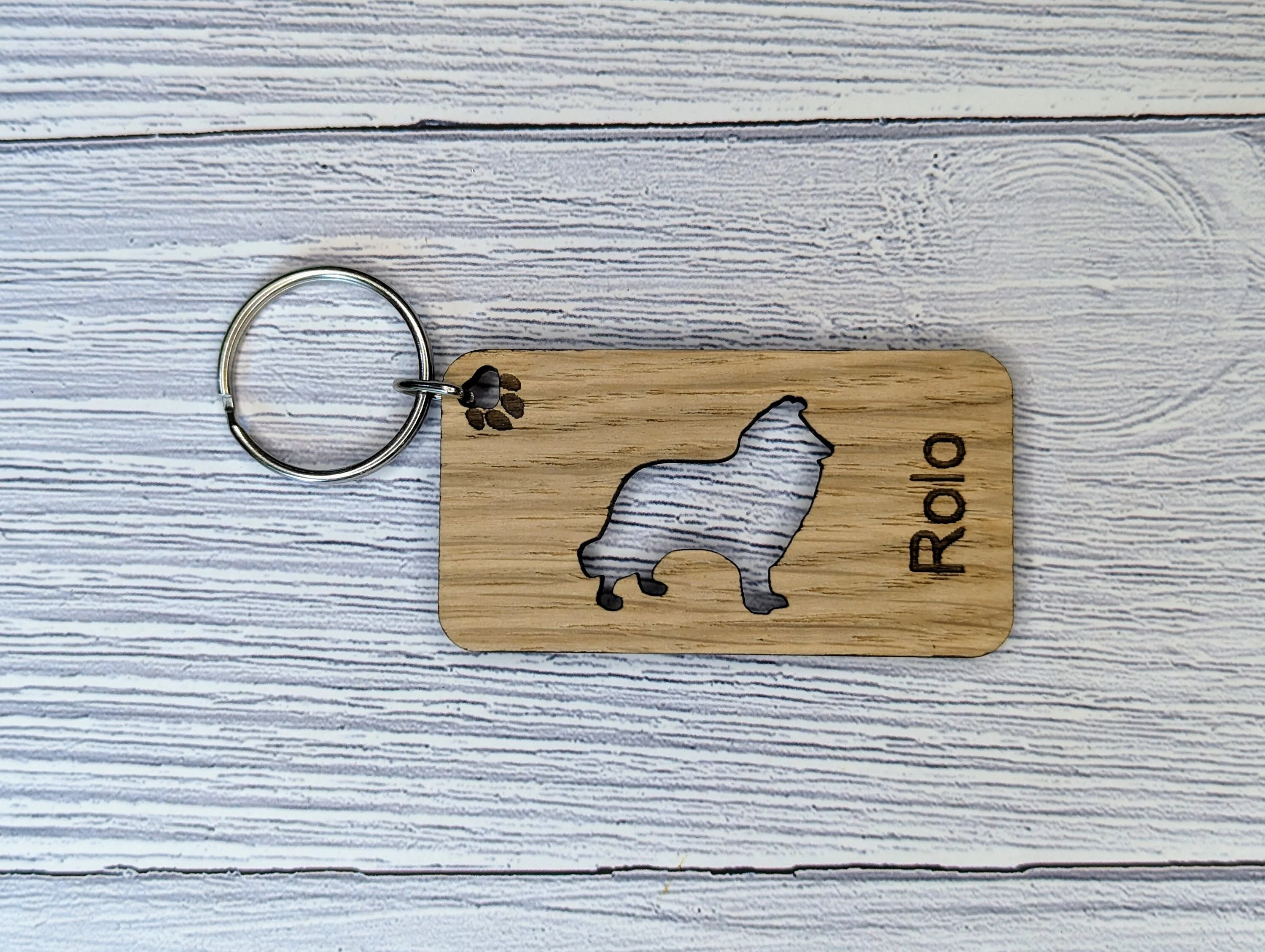 Personalised Rough Collie Wooden Keyring | Oak Dog Keychain | Gift For Rough Collie Parent | Doggy Key Tag Gift