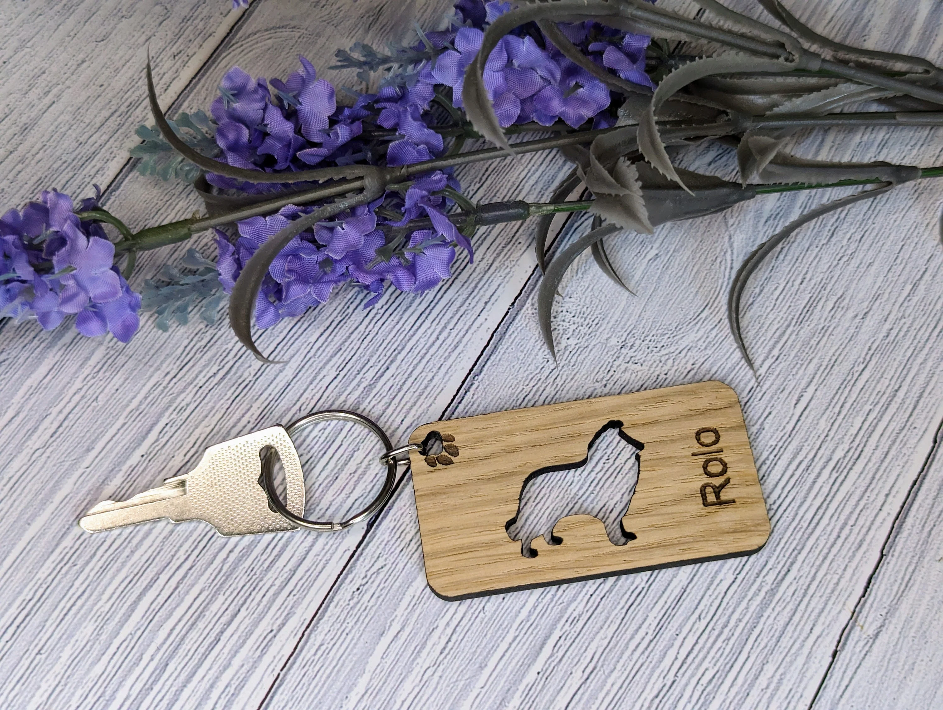 Personalised Rough Collie Wooden Keyring | Oak Dog Keychain | Gift For Rough Collie Parent | Doggy Key Tag Gift - Image 2