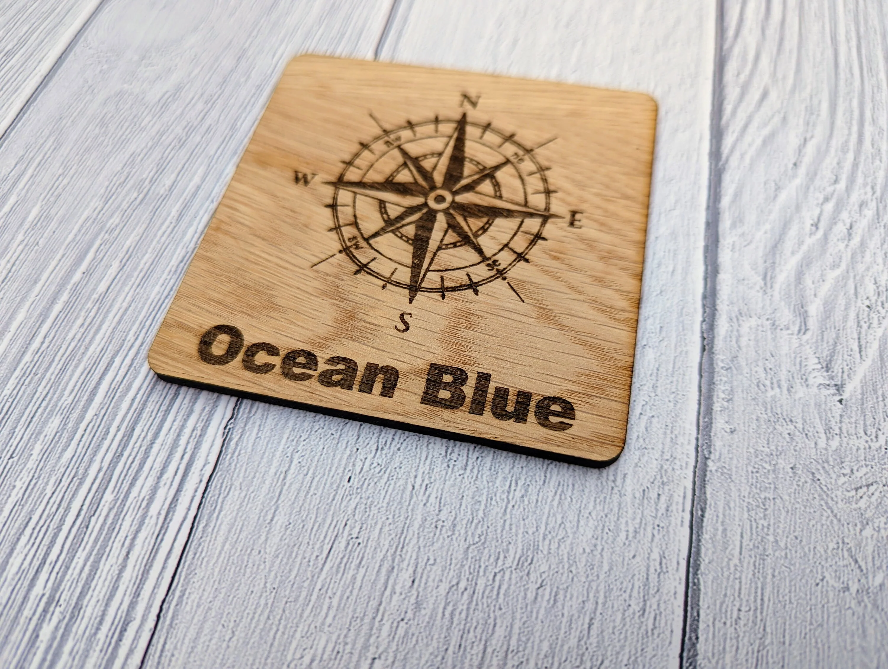 Personalised Sailing Coasters, Compass & Name OR Number, Pack of 6 Oak Veneered Coasters - Image 4