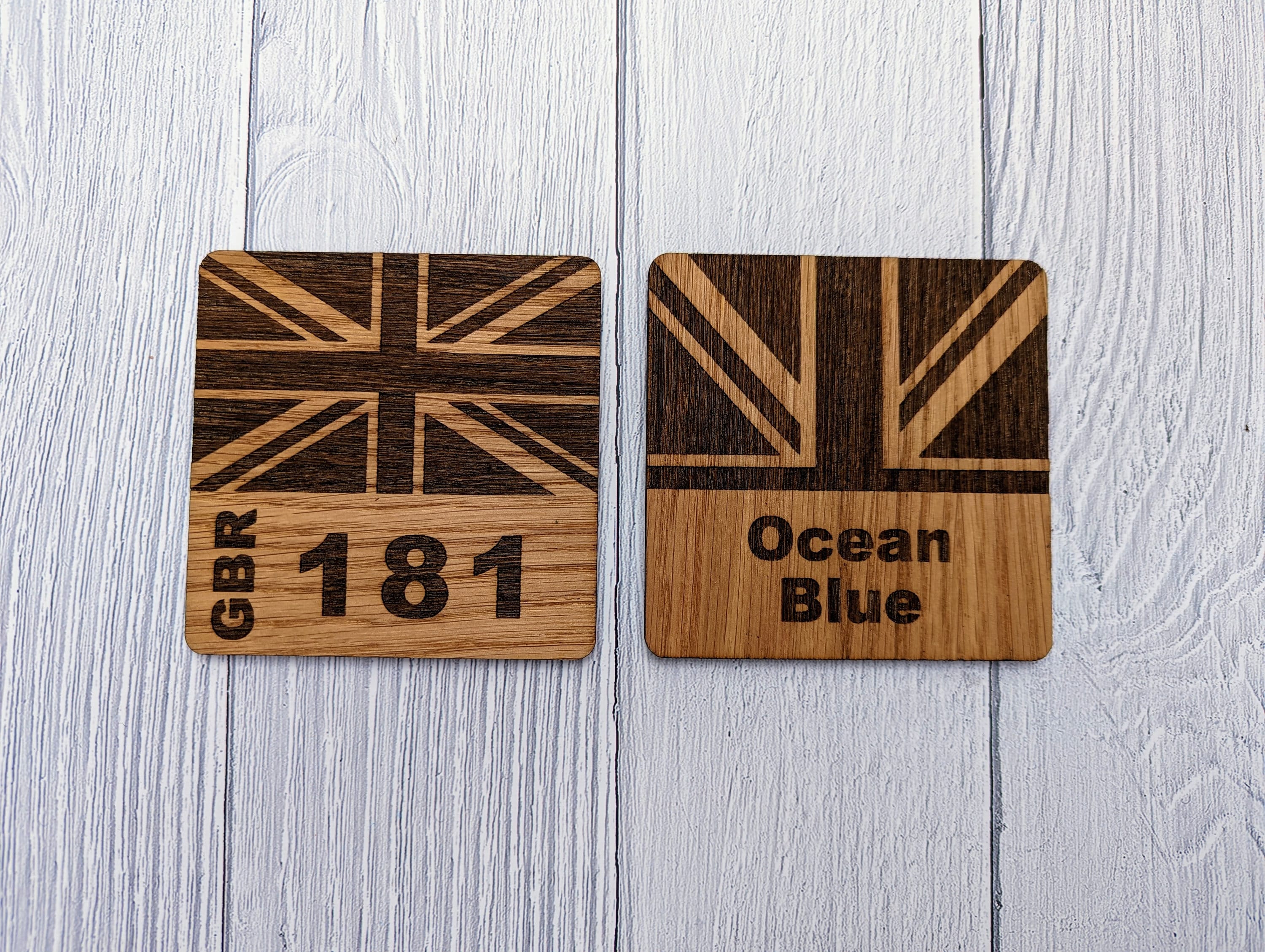 Personalised Sailing Coasters, Your Boat Name OR Sail Number & Union Jack Flag, 6 Oak Veneered Sailing Coasters - Image 5