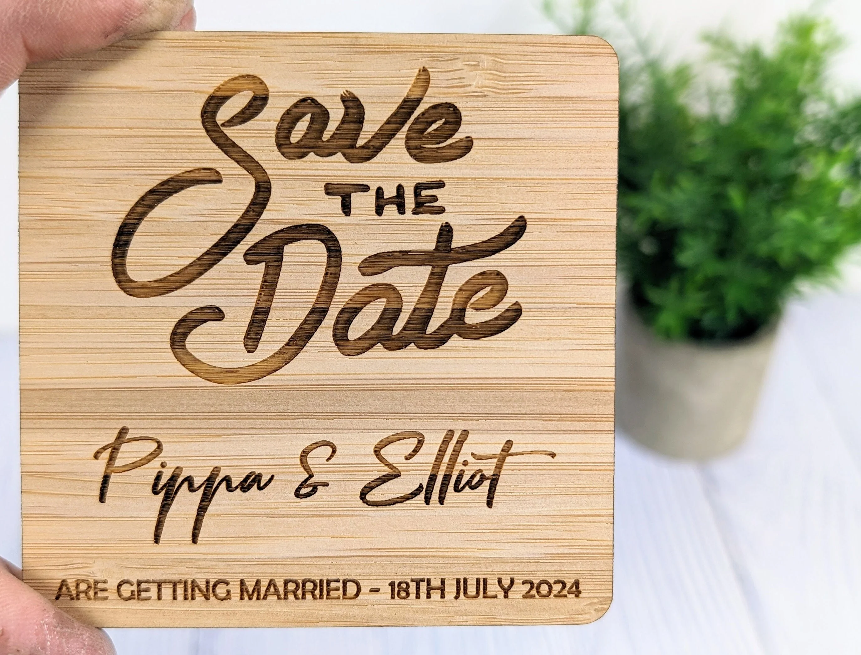 Personalised 'Save The Date' Bamboo Coasters - Custom with Names & Date, 90mm x 90mm, Unique Wedding Favors - Image 2