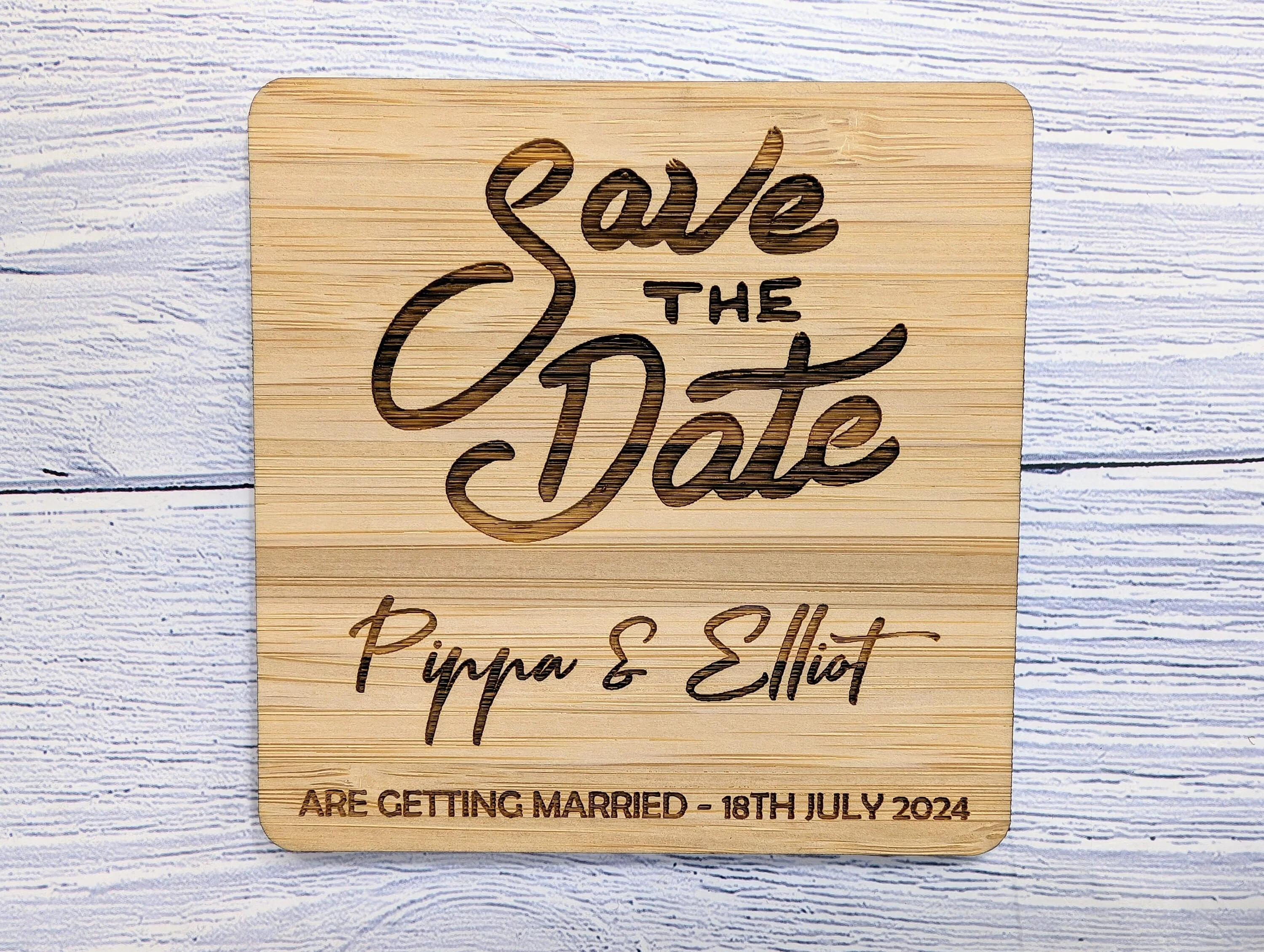 Personalised 'Save The Date' Bamboo Coasters - Custom with Names & Date, 90mm x 90mm, Unique Wedding Favors - Image 3