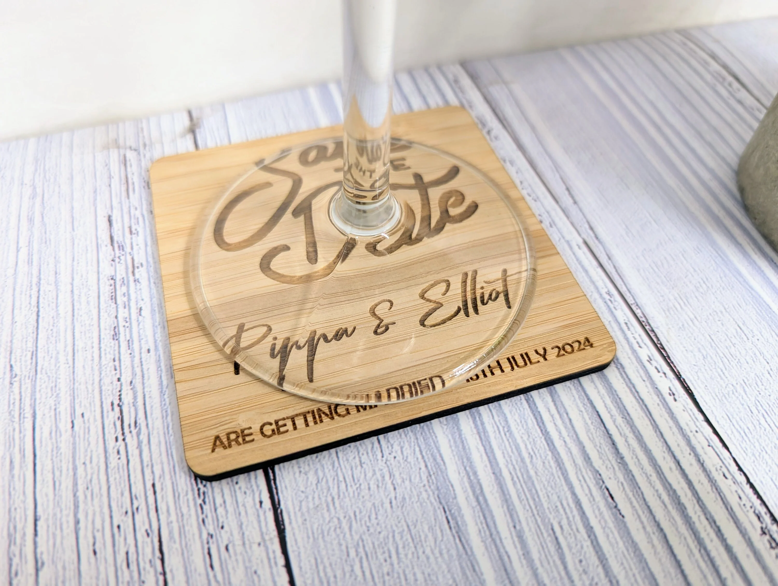 Personalised 'Save The Date' Bamboo Coasters - Custom with Names & Date, 90mm x 90mm, Unique Wedding Favors - Image 4