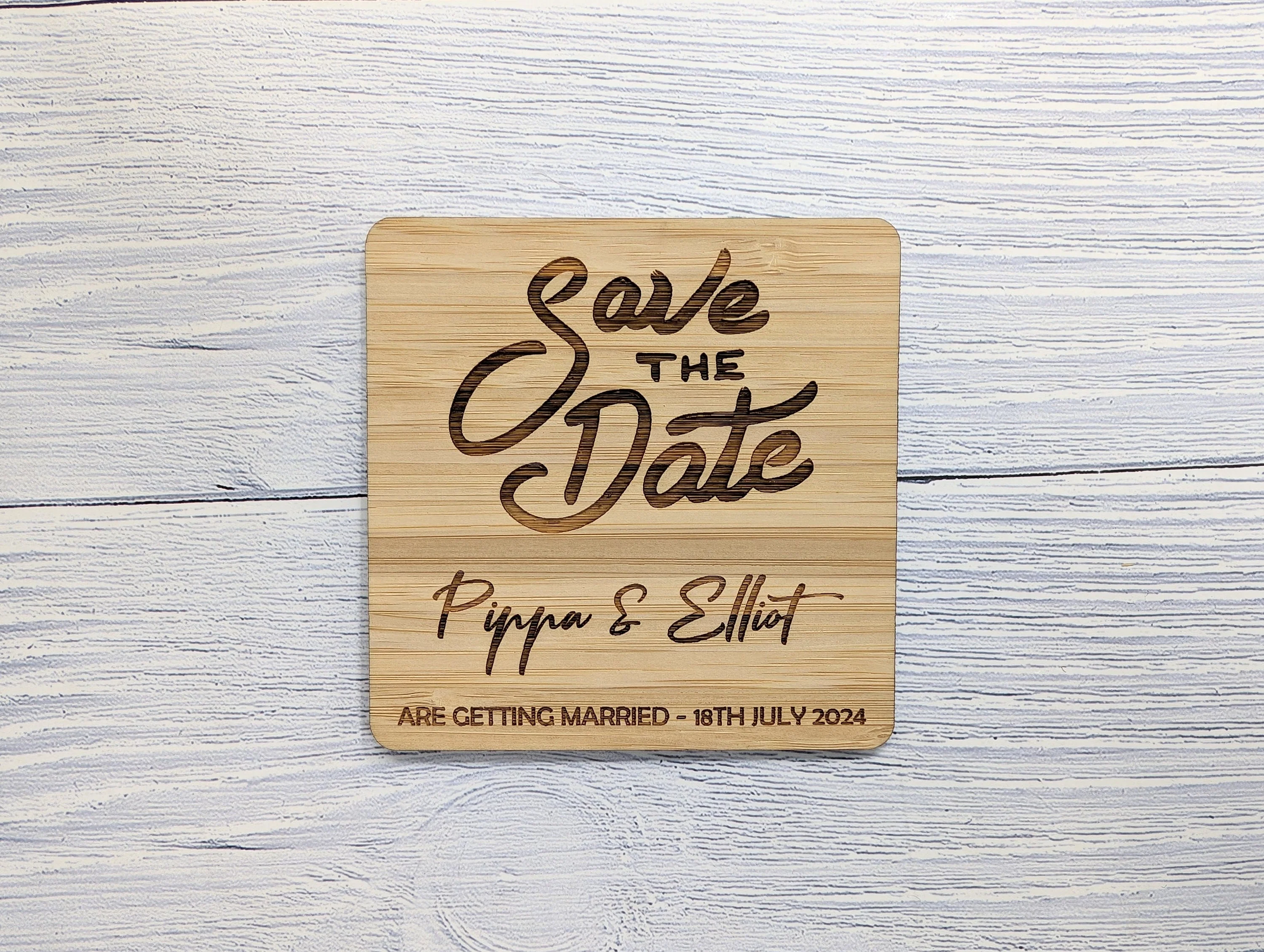 Personalised 'Save The Date' Bamboo Coasters - Custom with Names & Date, 90mm x 90mm, Unique Wedding Favors - Image 5