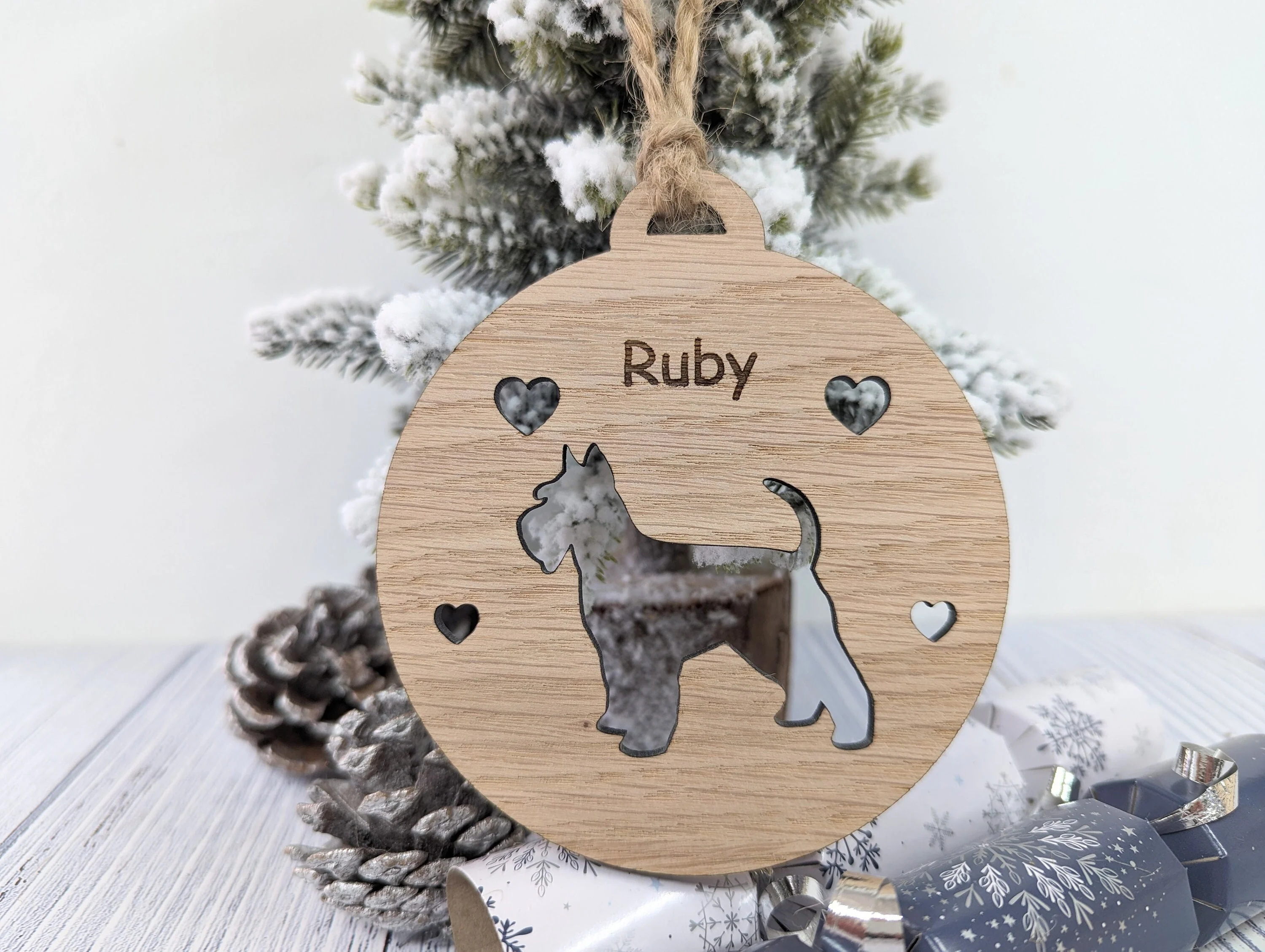 Personalised Schnauser Christmas Bauble in Oak Veneer MDF - Rustic Jute String - Stars or Hearts Cut-Out - Schnauser Gift - Image 2