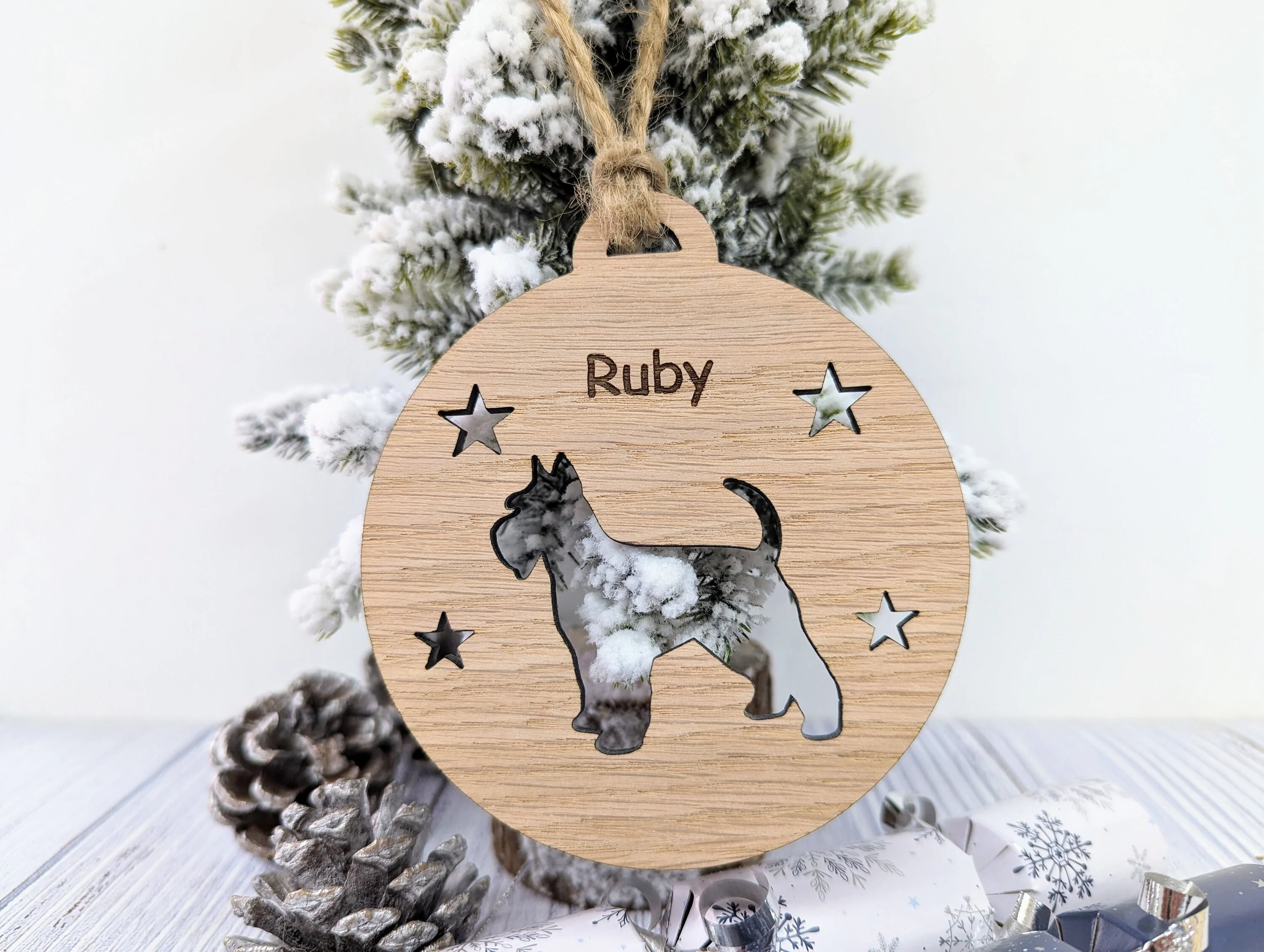 Personalised Schnauser Christmas Bauble in Oak Veneer MDF - Rustic Jute String - Stars or Hearts Cut-Out - Schnauser Gift - Image 3