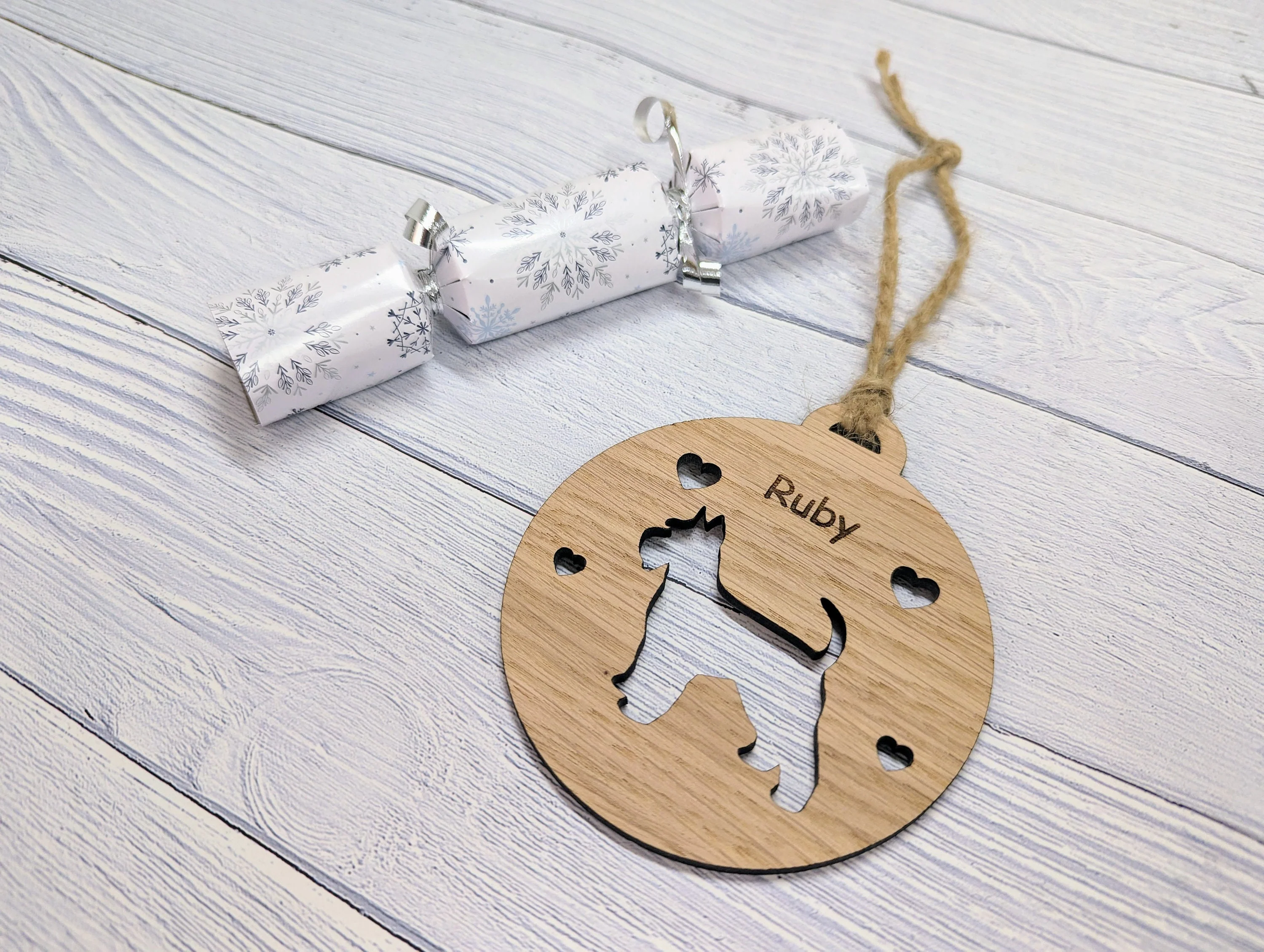 Personalised Schnauser Christmas Bauble in Oak Veneer MDF - Rustic Jute String - Stars or Hearts Cut-Out - Schnauser Gift - Image 4