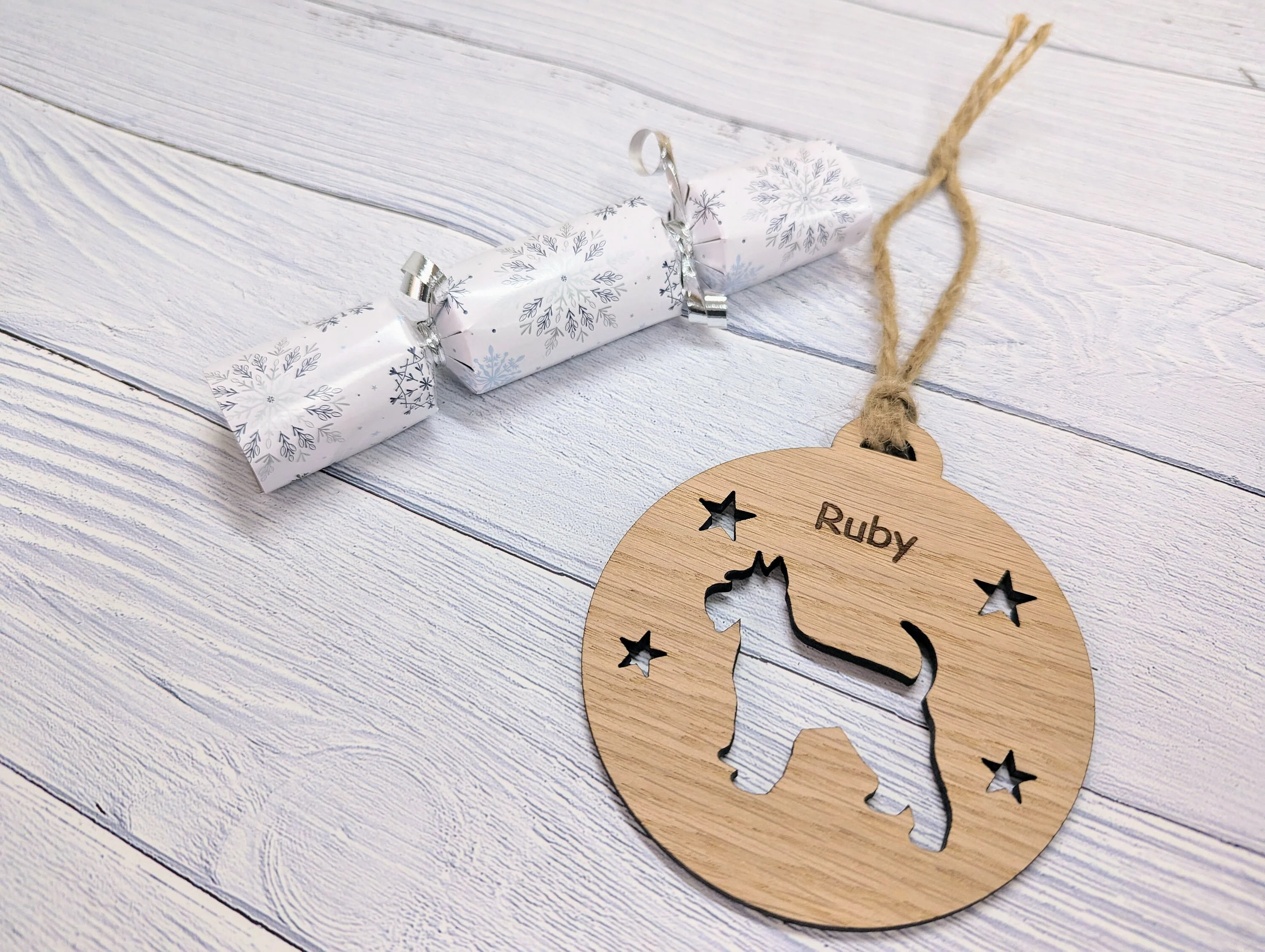 Personalised Schnauser Christmas Bauble in Oak Veneer MDF - Rustic Jute String - Stars or Hearts Cut-Out - Schnauser Gift - Image 5