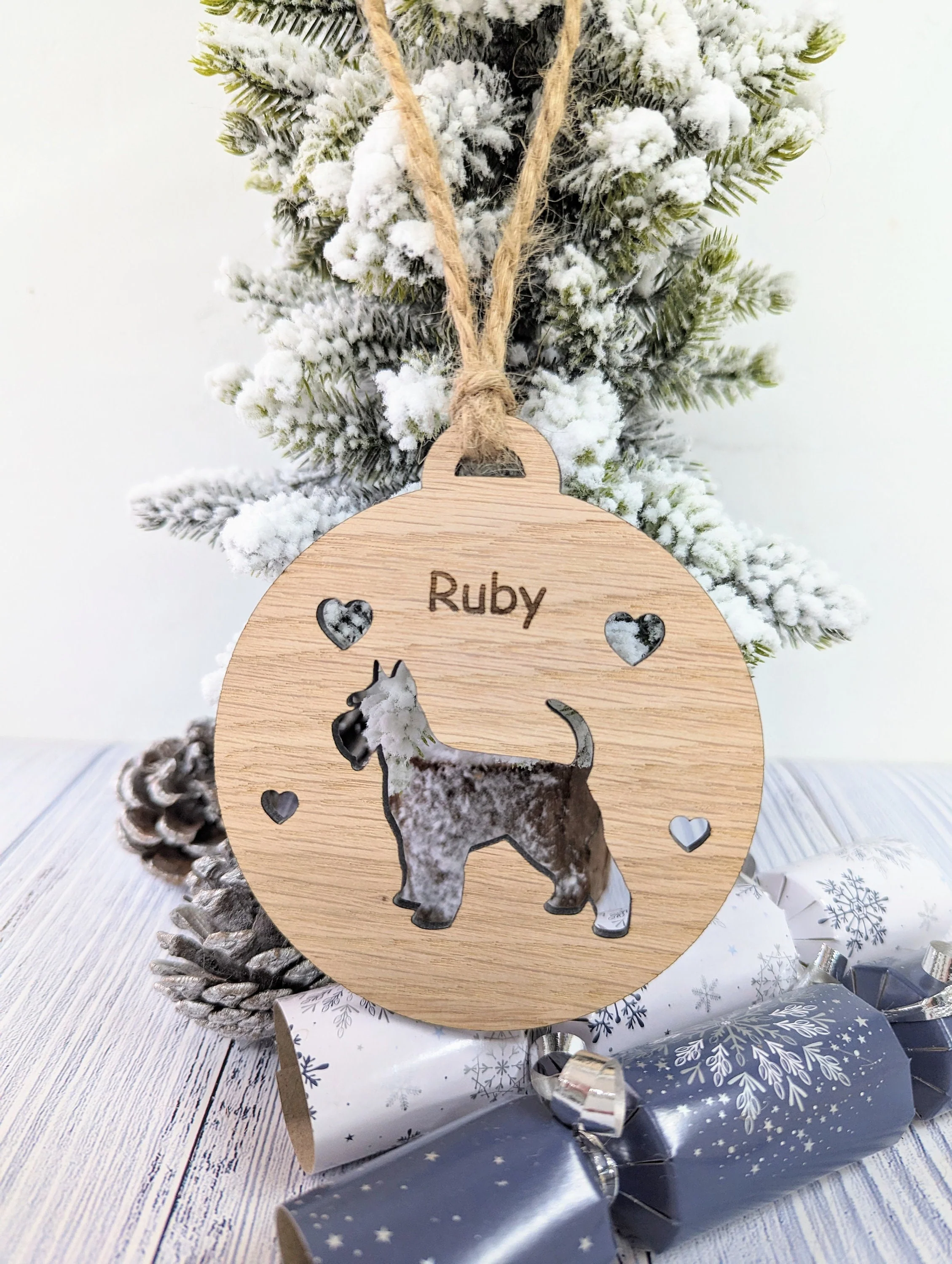 Personalised Schnauser Christmas Bauble in Oak Veneer MDF - Rustic Jute String - Stars or Hearts Cut-Out - Schnauser Gift - Image 7