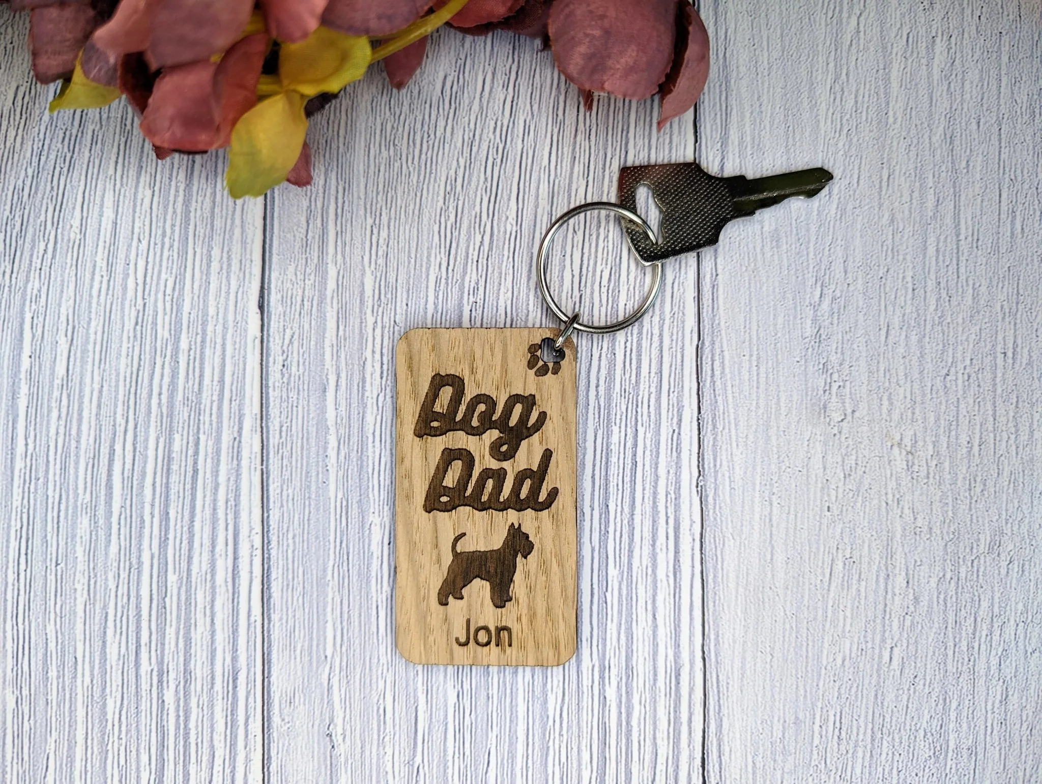 Personalised Schnauzer Dog Dad Wooden Keyring | Oak Dog Keychain | Gift For Schnauzer Parent | Doggy Key Tag Gift - Image 4