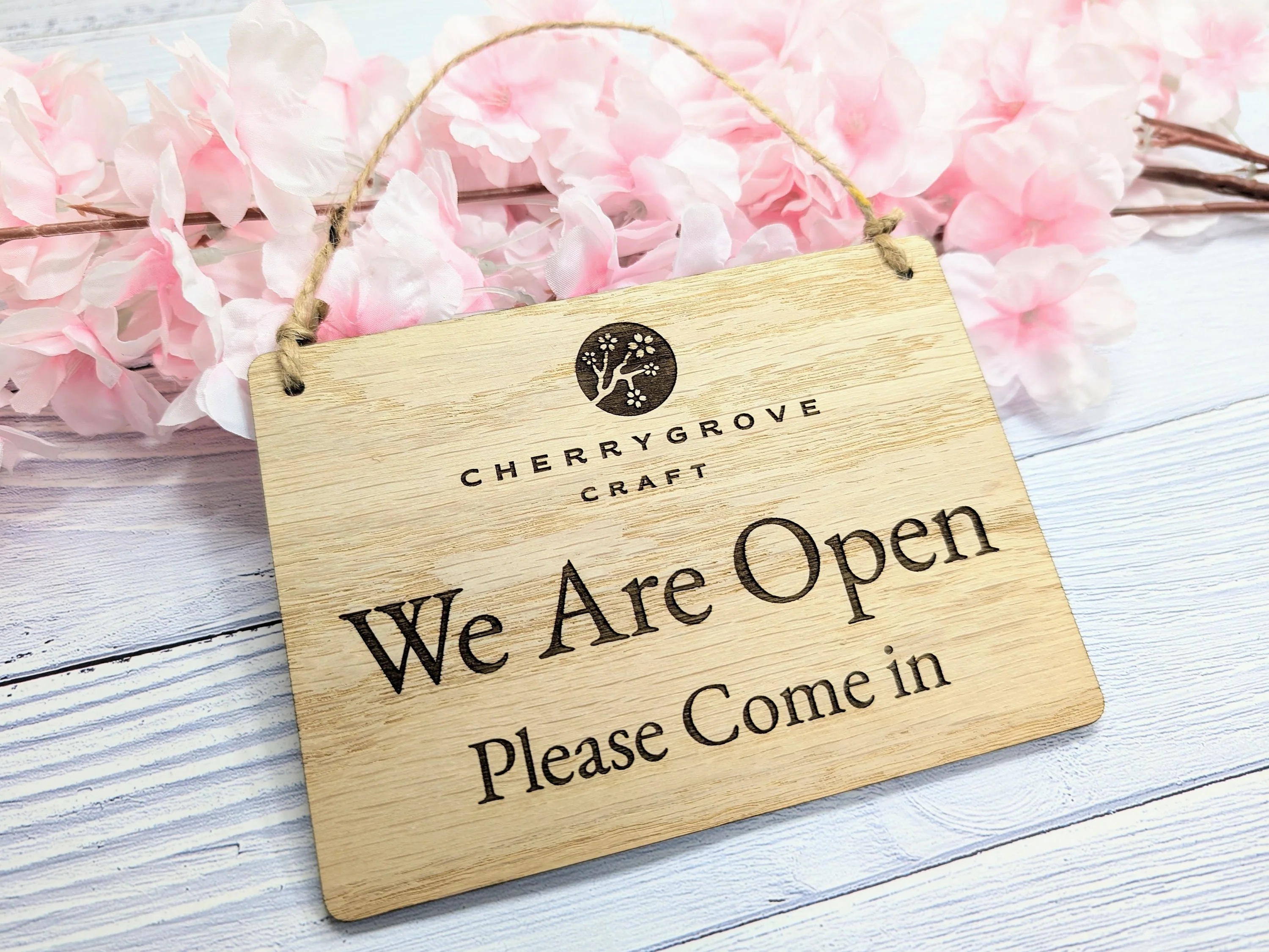 Personalised 'We Are Open, Please Come In' Wooden Sign - Custom Logo Welcome Sign - Available in 4 Sizes - Shop Sign, Office Door Sign, Bulk - Image 3
