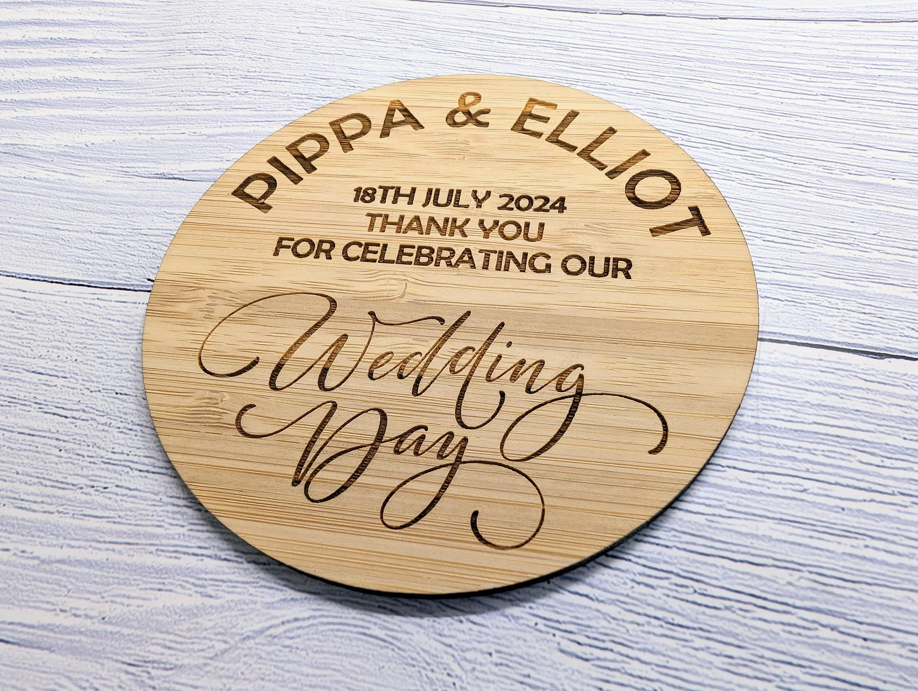 Personalised Wedding Day Bamboo Coasters - Round, 100mm Diameter, with Custom Names & Date - Unique Wedding Favors - Image 2