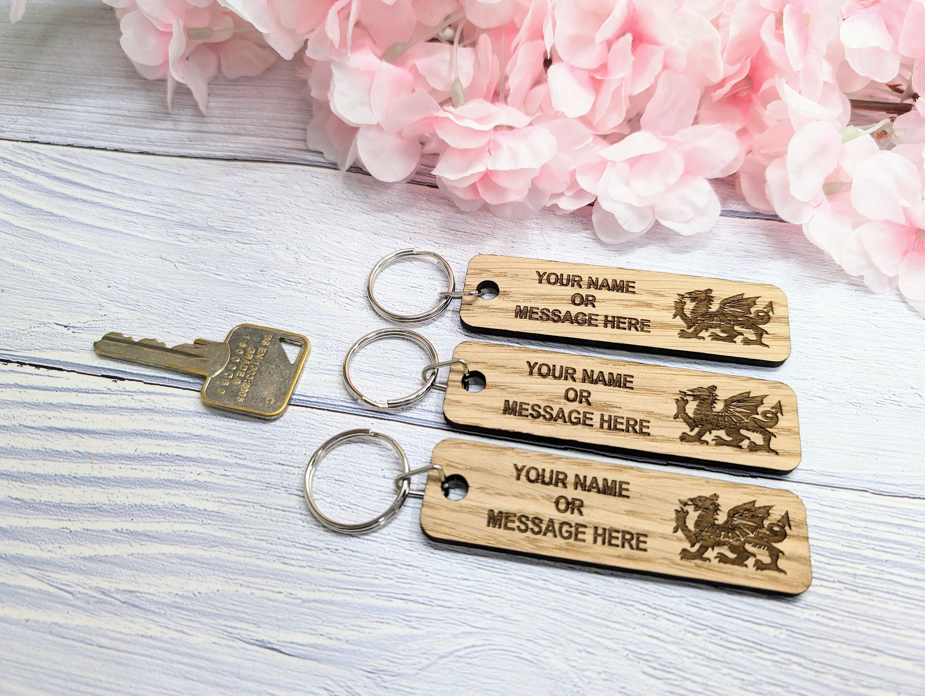 Personalised Welsh Dragon Keyring - 90x25mm Oak Wood, Custom Text | Ideal for Hotels, Clubs, Gifts, Sports Teams, Airbnb, Keepsake - Image 3