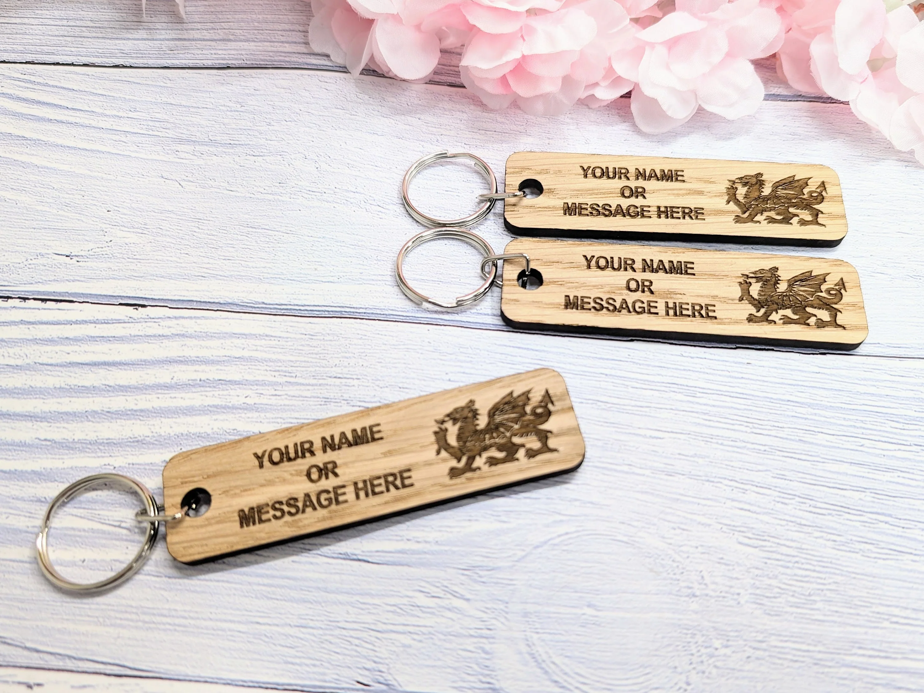 Personalised Welsh Dragon Keyring - 90x25mm Oak Wood, Custom Text | Ideal for Hotels, Clubs, Gifts, Sports Teams, Airbnb, Keepsake - Image 4