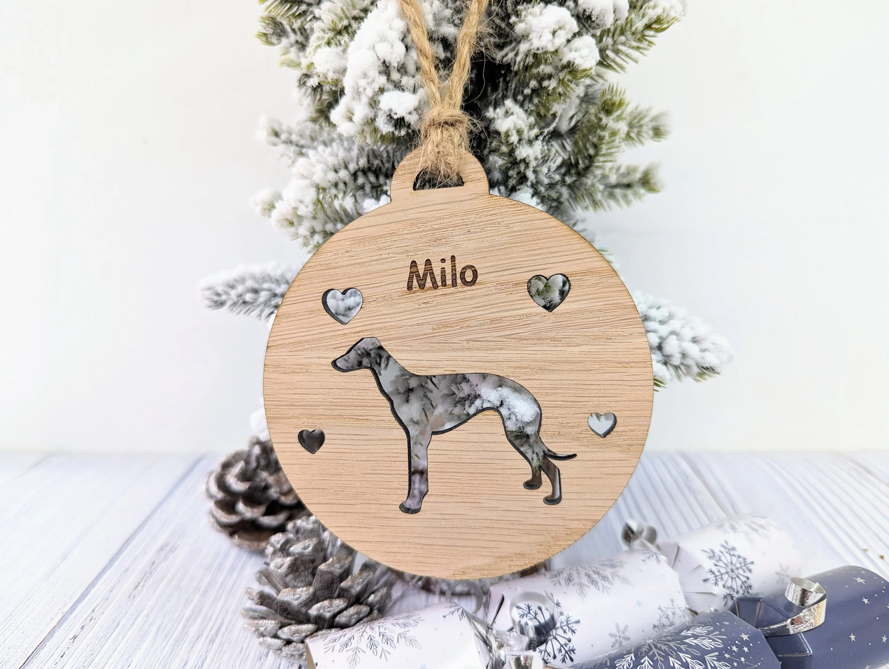 Personalised Whippet Christmas Bauble in Oak Veneer MDF - Rustic Jute String - Stars or Hearts Cut-Out - Whippet Gift - Image 2