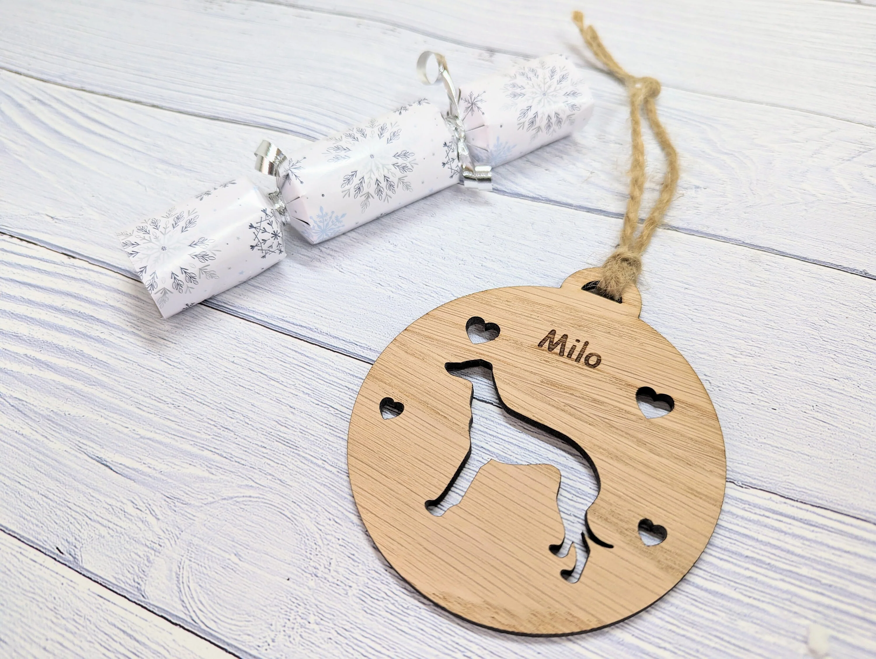 Personalised Whippet Christmas Bauble in Oak Veneer MDF - Rustic Jute String - Stars or Hearts Cut-Out - Whippet Gift - Image 3