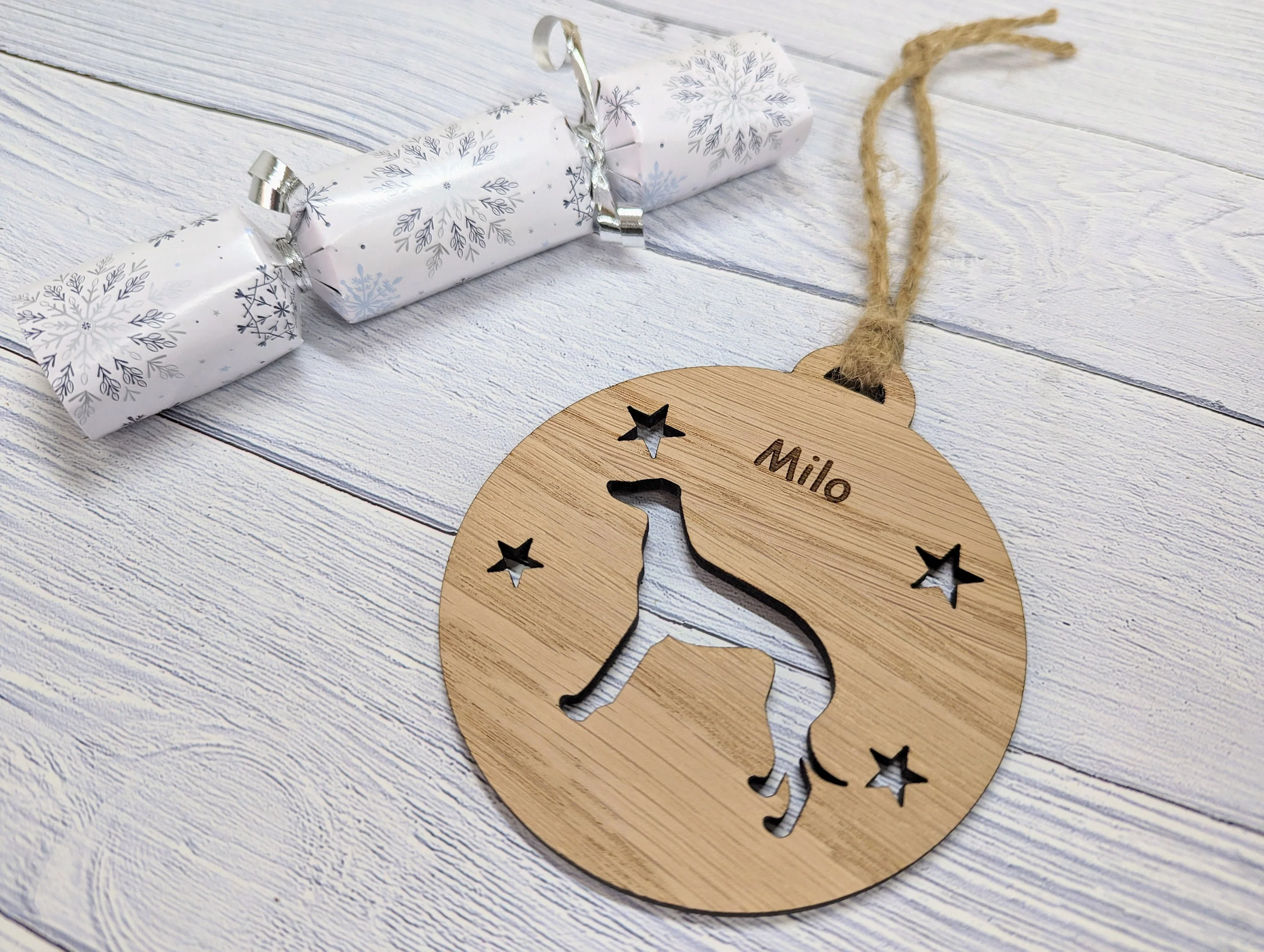 Personalised Whippet Christmas Bauble in Oak Veneer MDF - Rustic Jute String - Stars or Hearts Cut-Out - Whippet Gift - Image 4
