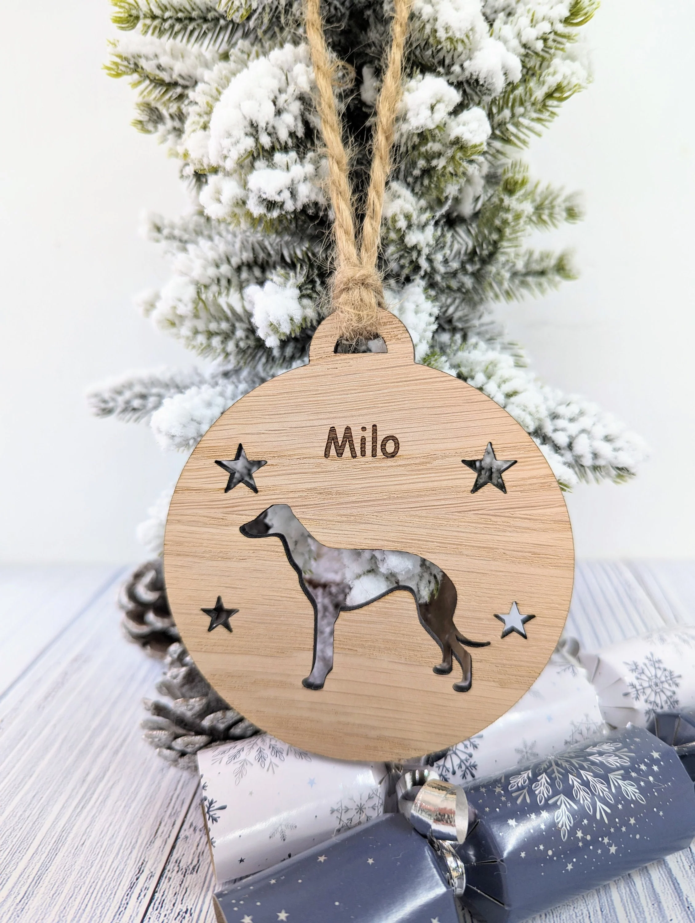 Personalised Whippet Christmas Bauble in Oak Veneer MDF - Rustic Jute String - Stars or Hearts Cut-Out - Whippet Gift - Image 8