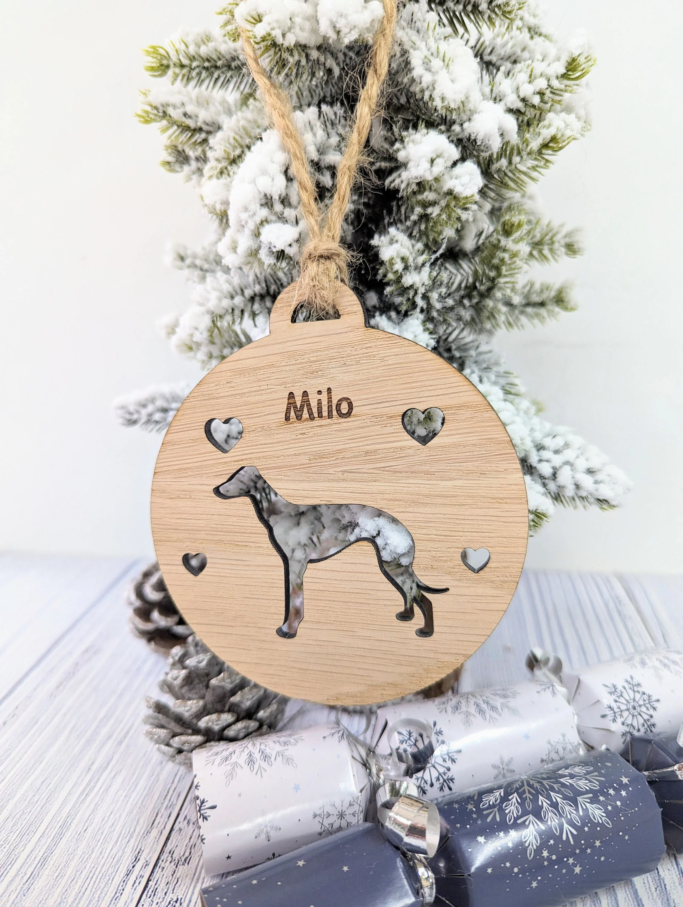 Personalised Whippet Christmas Bauble in Oak Veneer MDF - Rustic Jute String - Stars or Hearts Cut-Out - Whippet Gift - Image 9