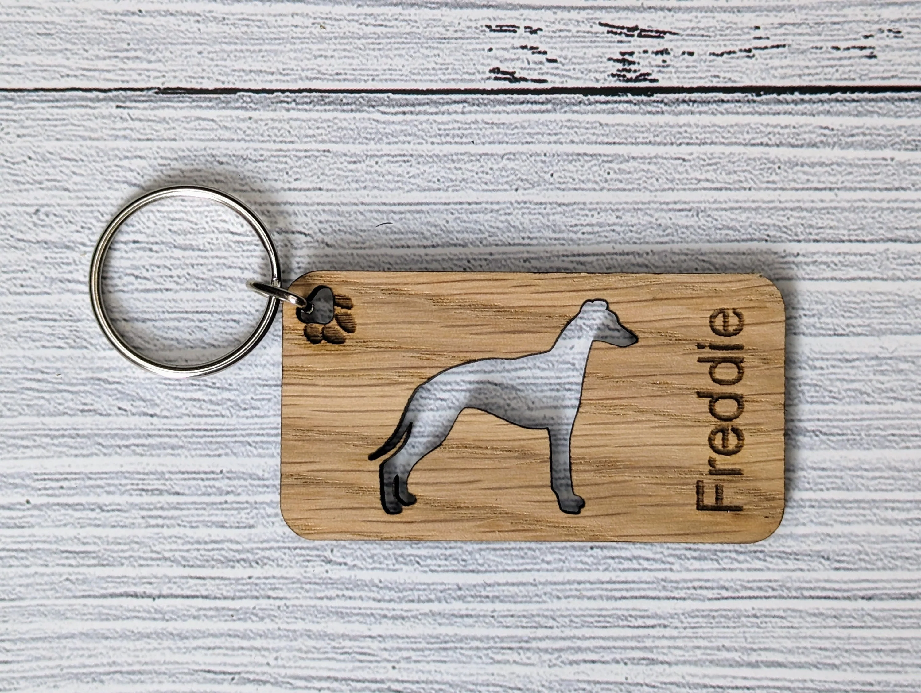 Personalised Whippet Wooden Keyring | Oak Dog Keychain | Gift For Whippet Parent | Doggy Key Tag Gift