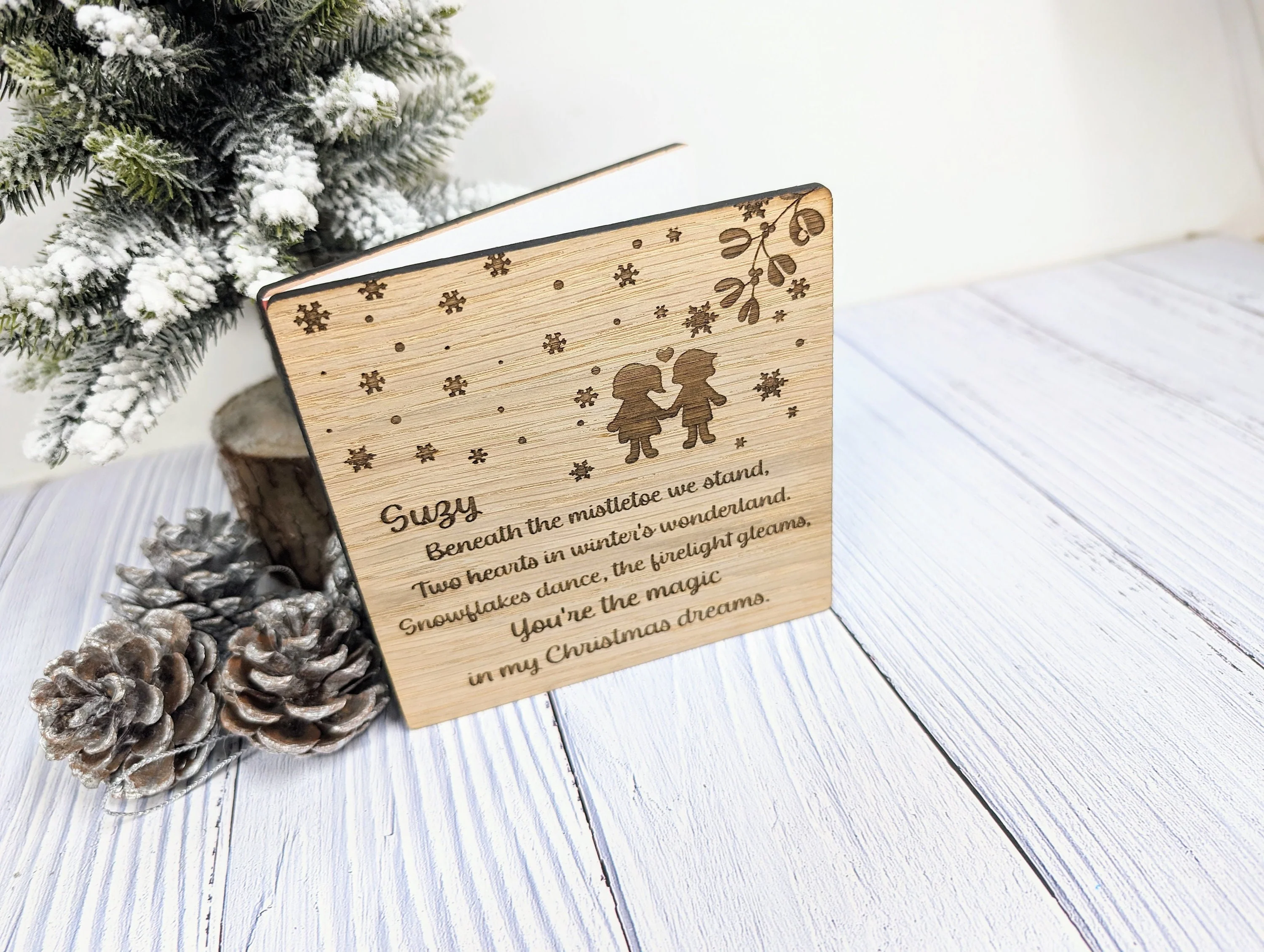 Personalised Wooden Christmas Card with Romantic Poem - Custom Name Engraved - Image 3