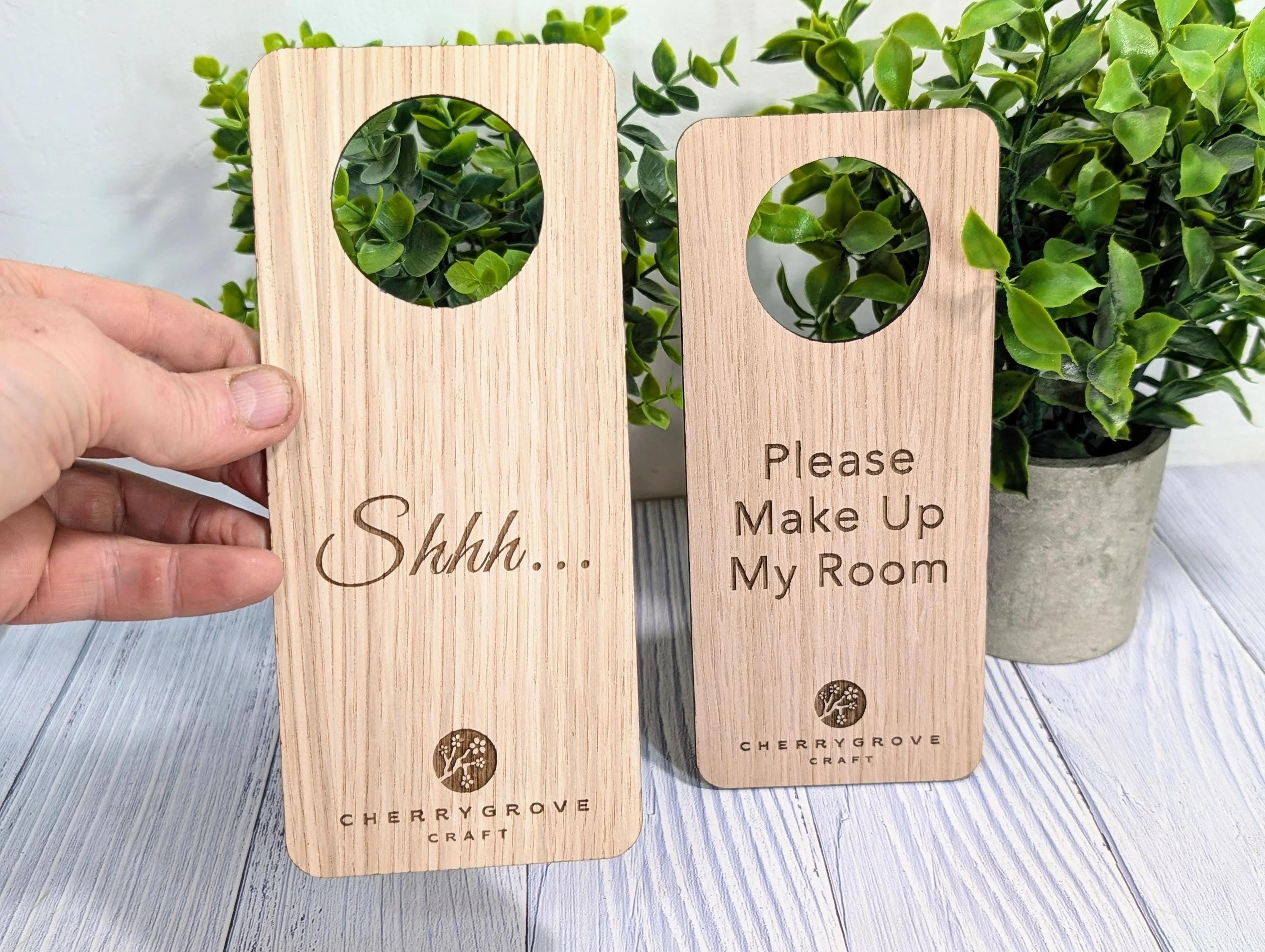 Personalised Wooden Door Hanger – "Shhh..." and "Please Make Up My Room", Custom Logo Option, Eco-Friendly Hotel & BnB Bedroom Sign - Image 4